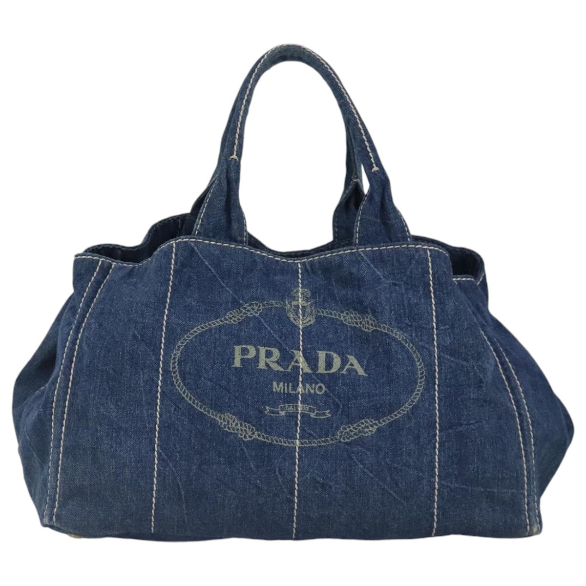 PRADA Canapa GM Hand Bag Denim Blue Gold Auth 97495 - 0