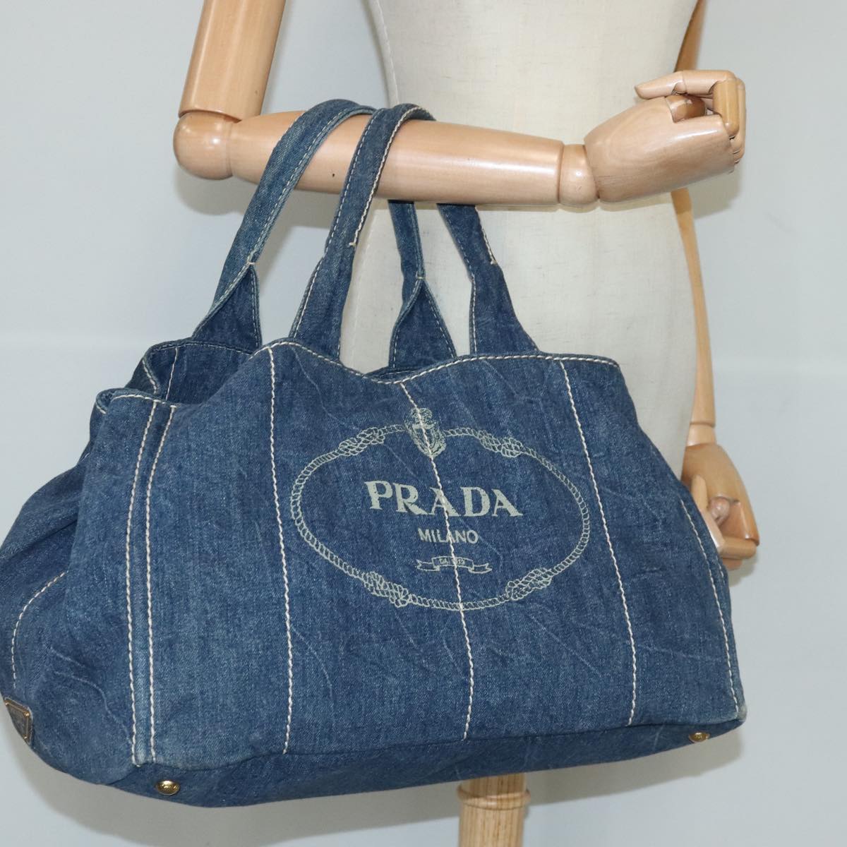 PRADA Canapa GM Hand Bag Denim Blue Gold Auth 97495