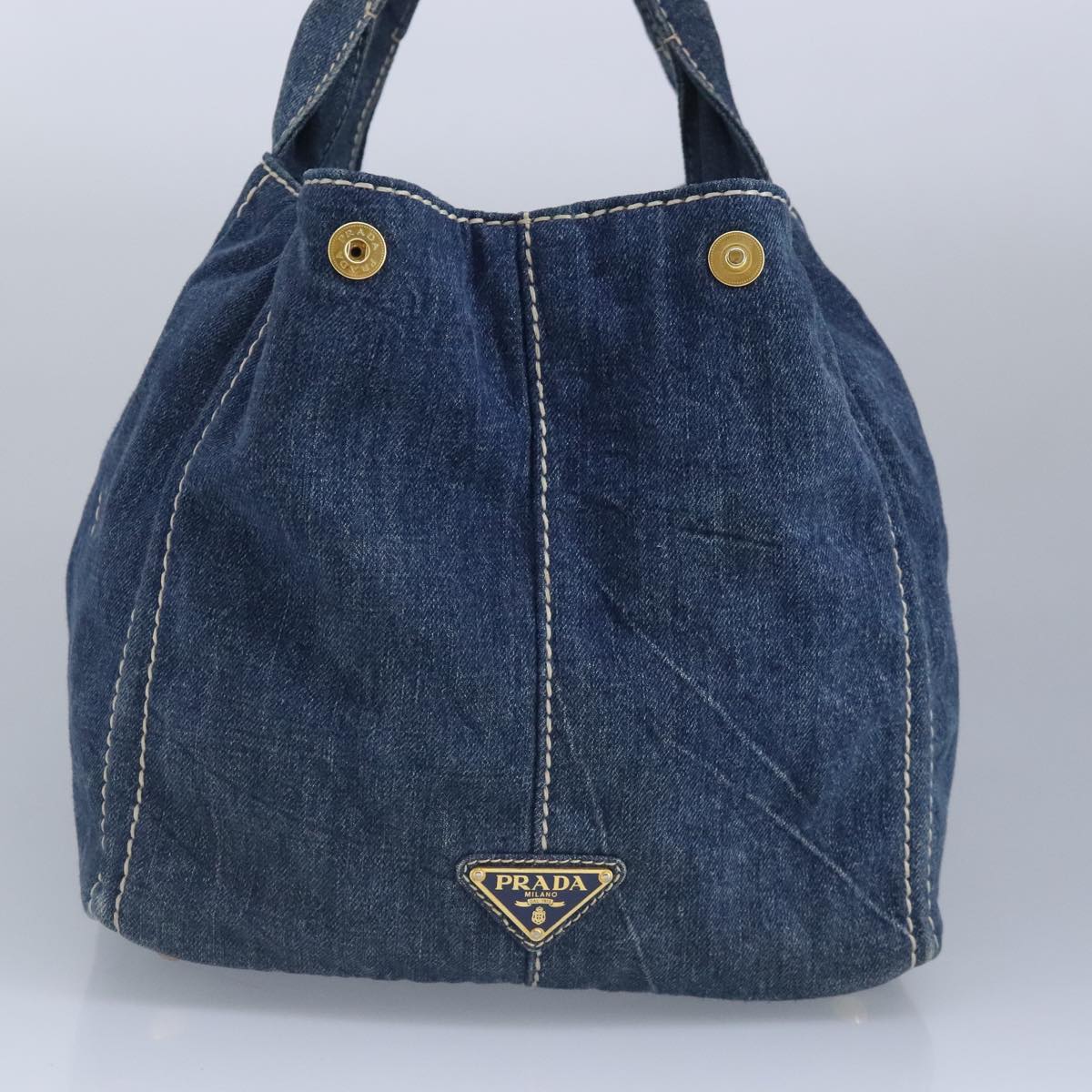 PRADA Canapa GM Hand Bag Denim Blue Gold Auth 97495