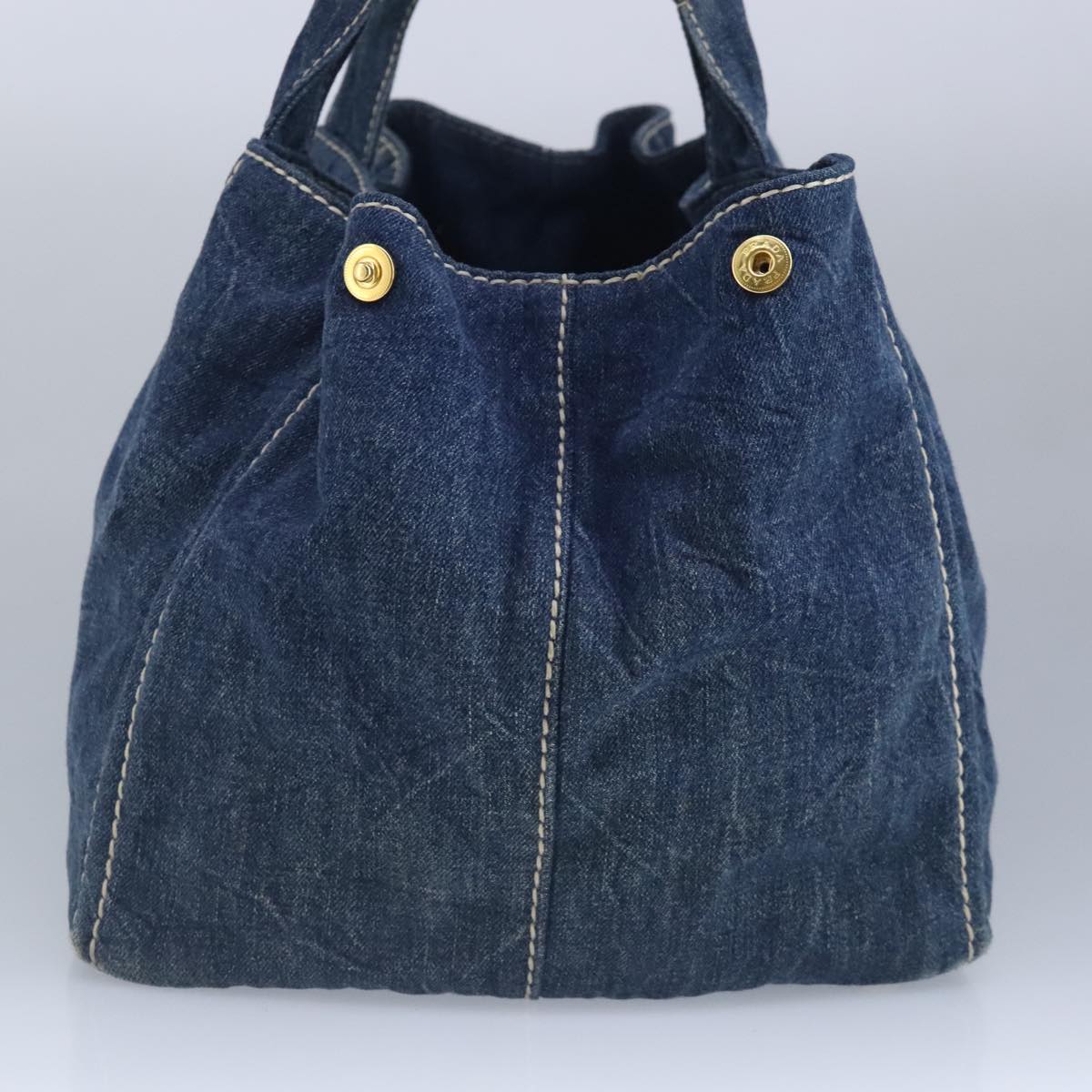 PRADA Canapa GM Hand Bag Denim Blue Gold Auth 97495