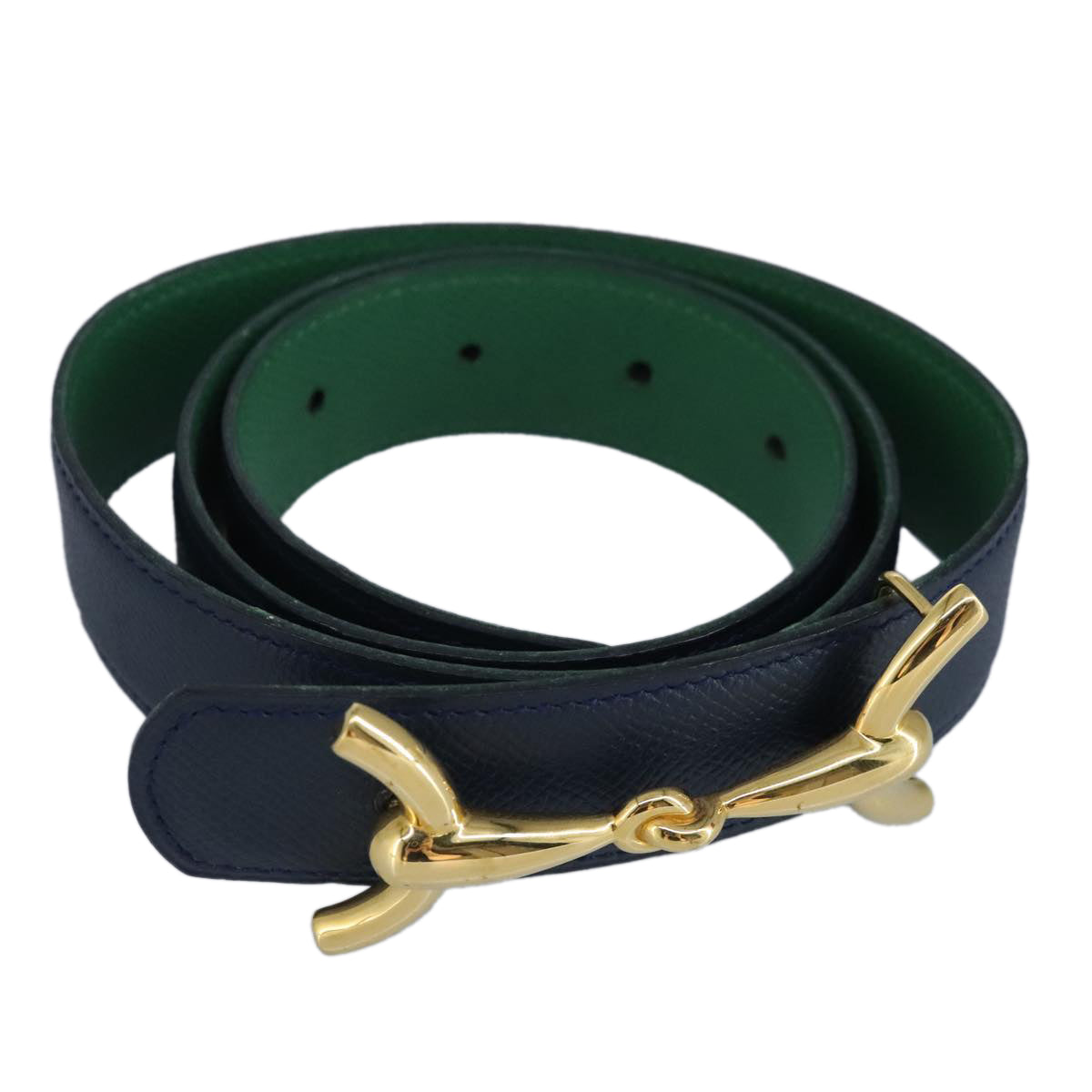 HERMES Belt Leather 35.4"" Navy Green gold Auth 97498