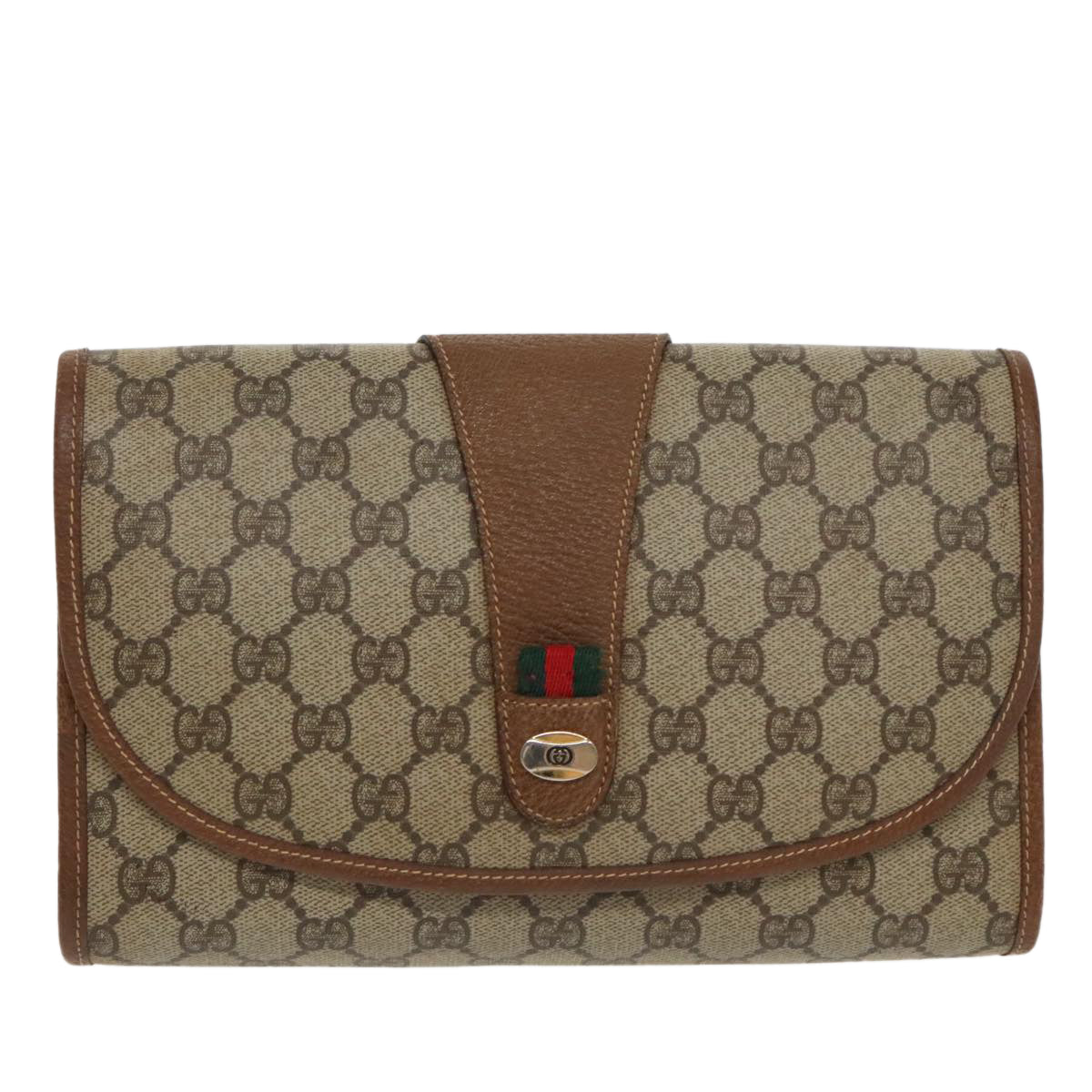 GUCCI GG Supreme Web Sherry Line Clutch Bag PVC Beige Red Green Auth 97499 - 0