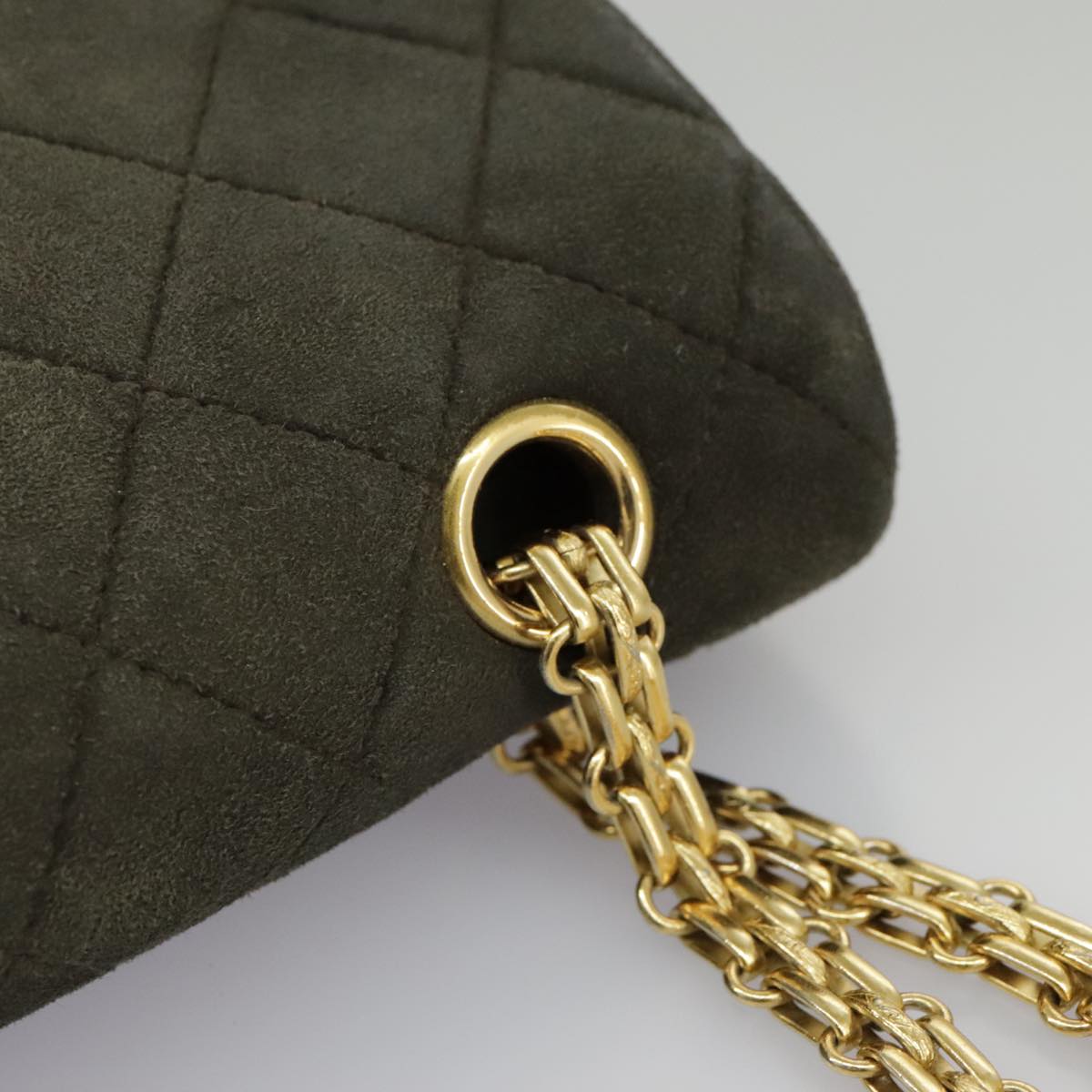 CHANEL Matelasse Double Flap Chain Hand Bag Suede Khaki Gold CC Auth 97508