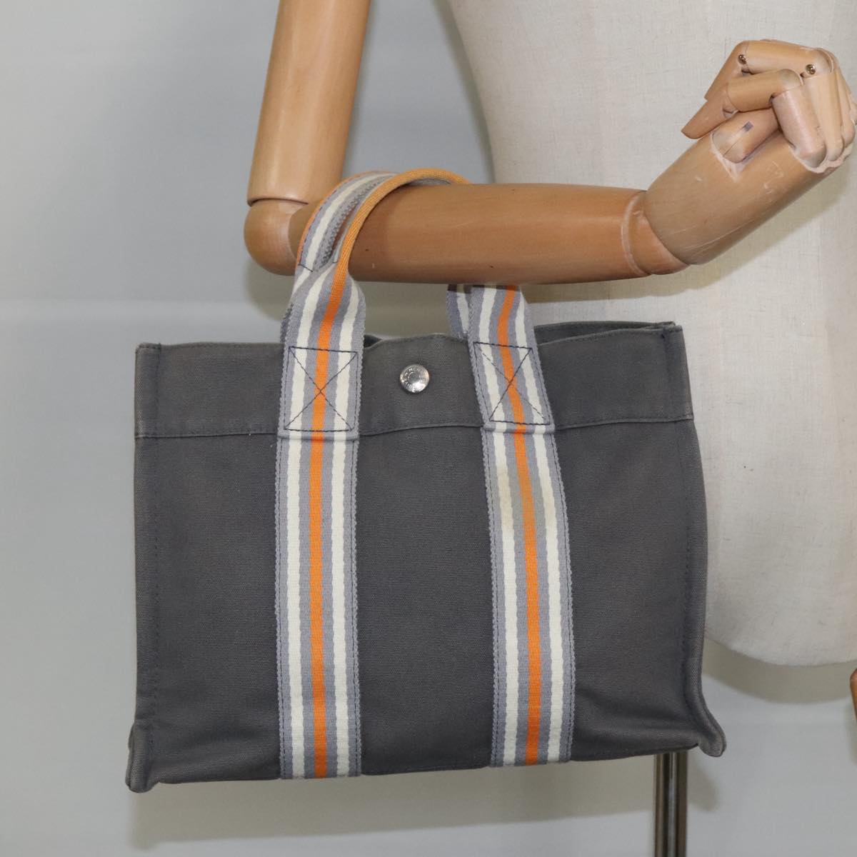 HERMES Fourre Tout PM Hand Bag Canvas Orange Gray Silver Auth 97522