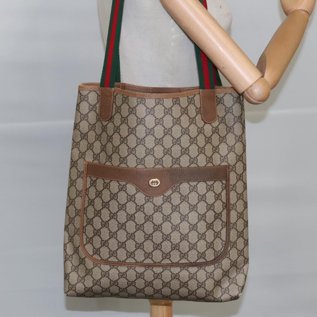 GUCCI GG Supreme Web Sherry Line Tote Bag PVC Leather Beige 89 02 003 Auth 97523