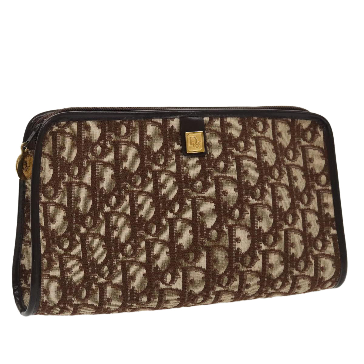 Christian Dior Trotter Canvas Clutch Bag Brown Gold Auth 97536