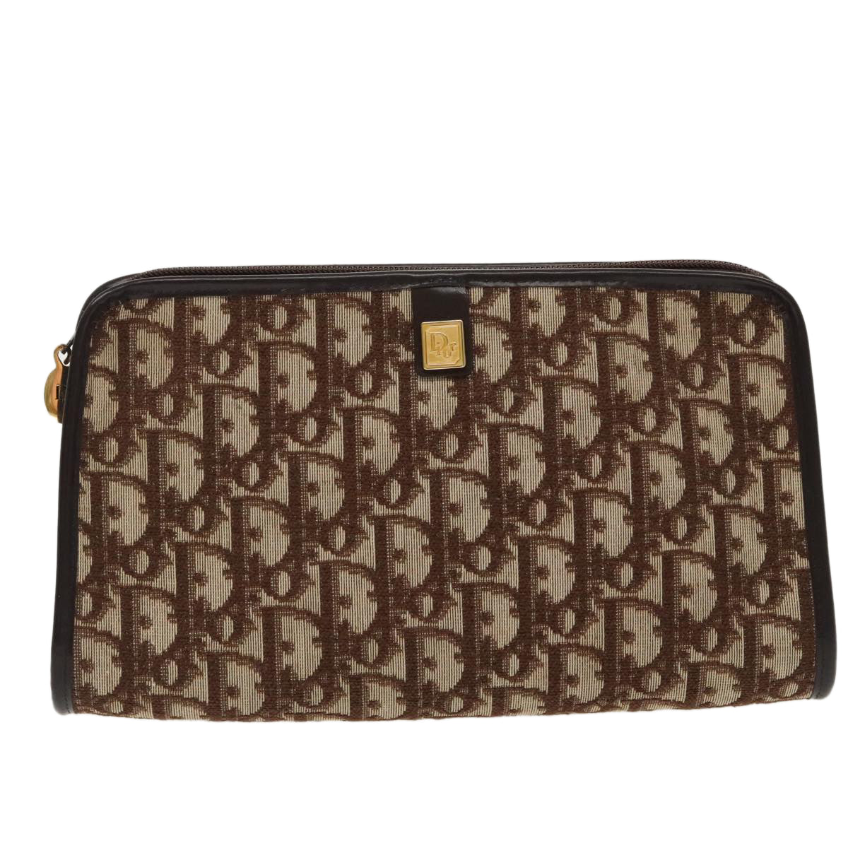 Christian Dior Trotter Canvas Clutch Bag Brown Gold Auth 97536