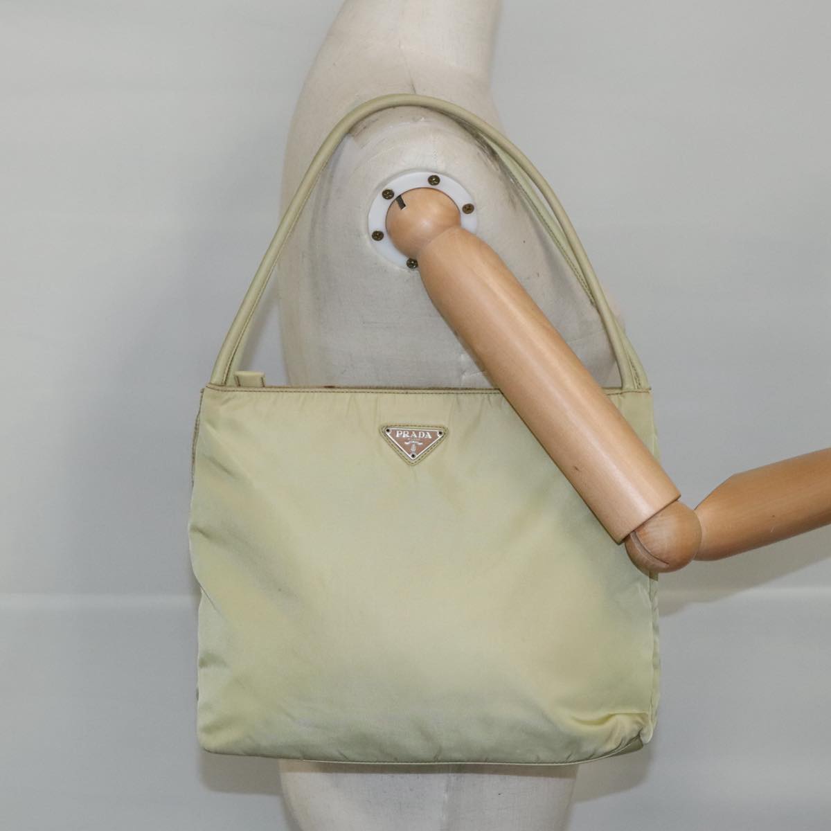 PRADA Hand Bag Nylon Beige Silver Auth 97539