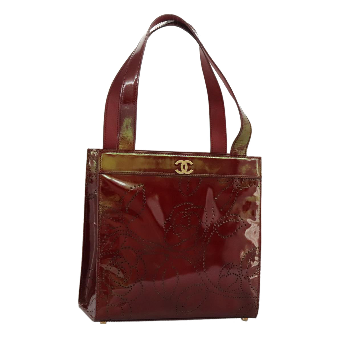 CHANEL Tote Bag Patent leather Red Gold CC Auth 97547