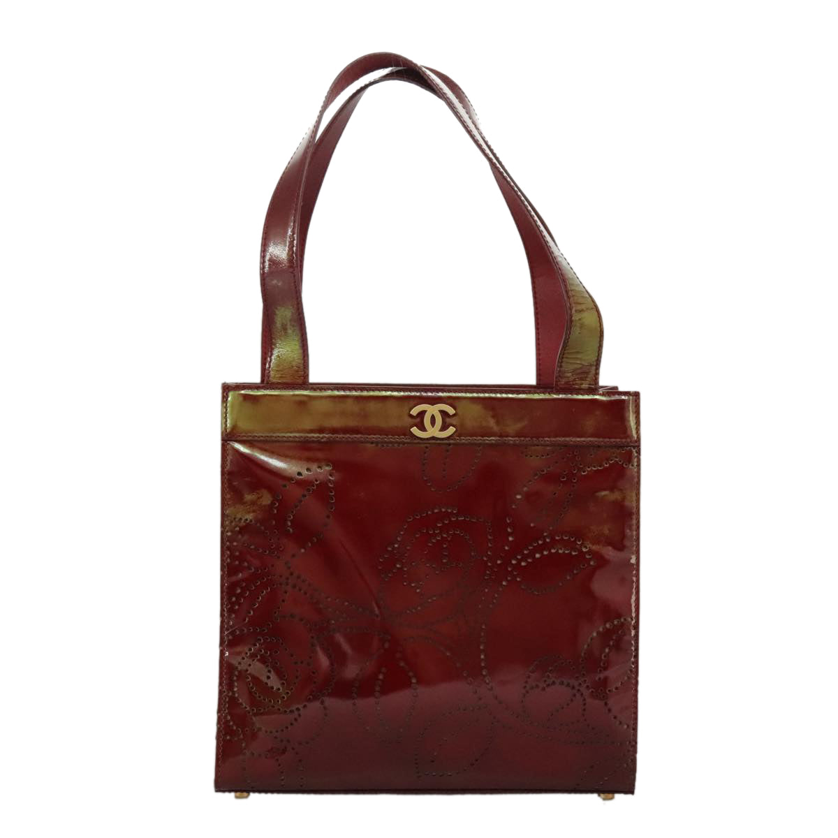 CHANEL Tote Bag Patent leather Red Gold CC Auth 97547