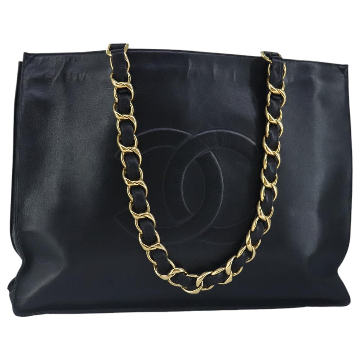 CHANEL COCO Mark Chain Tote Bag Leather Black Gold CC Auth 97552A