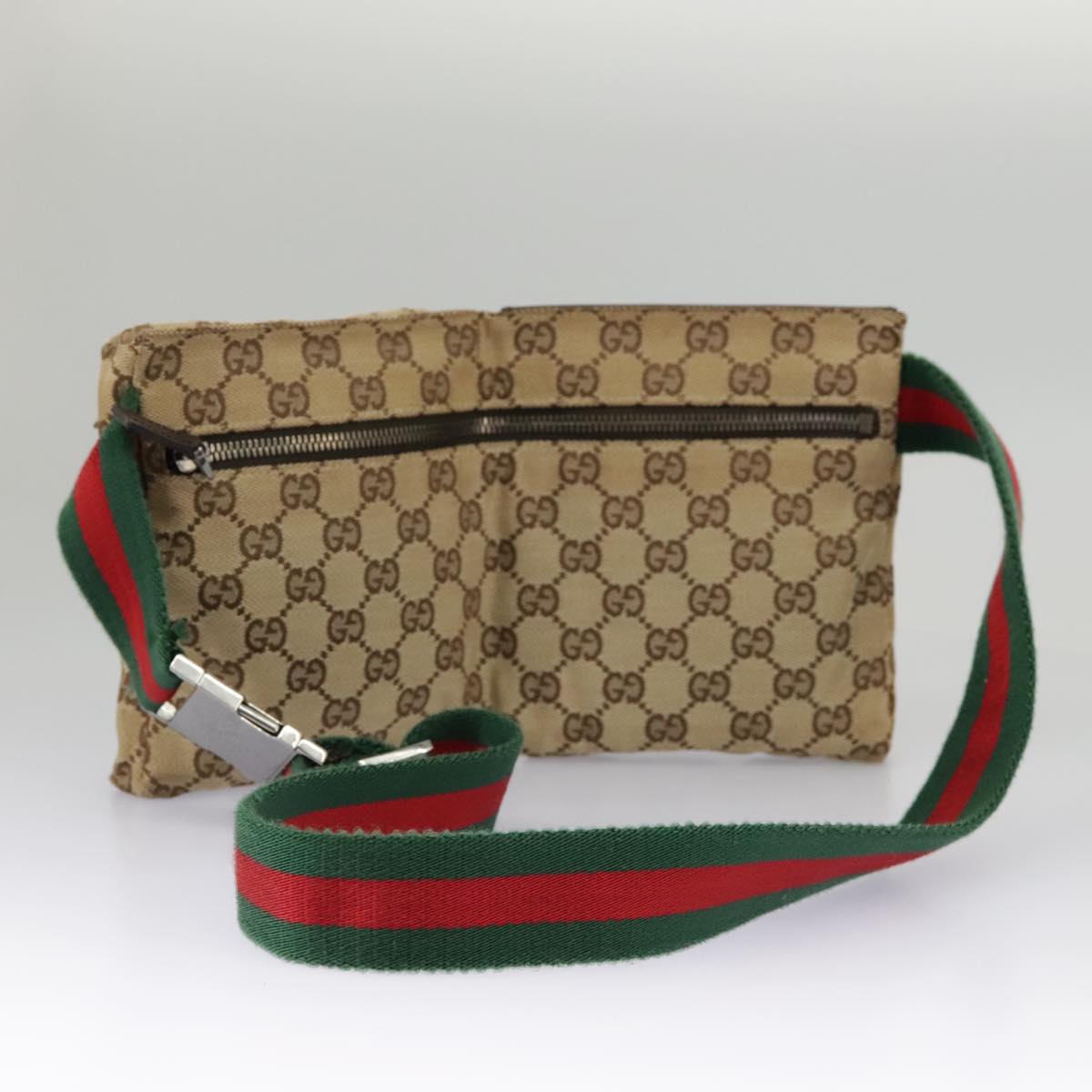 GUCCI GG Canvas Web Sherry Line Waist bag Beige Silver Red 28566 Auth 97557