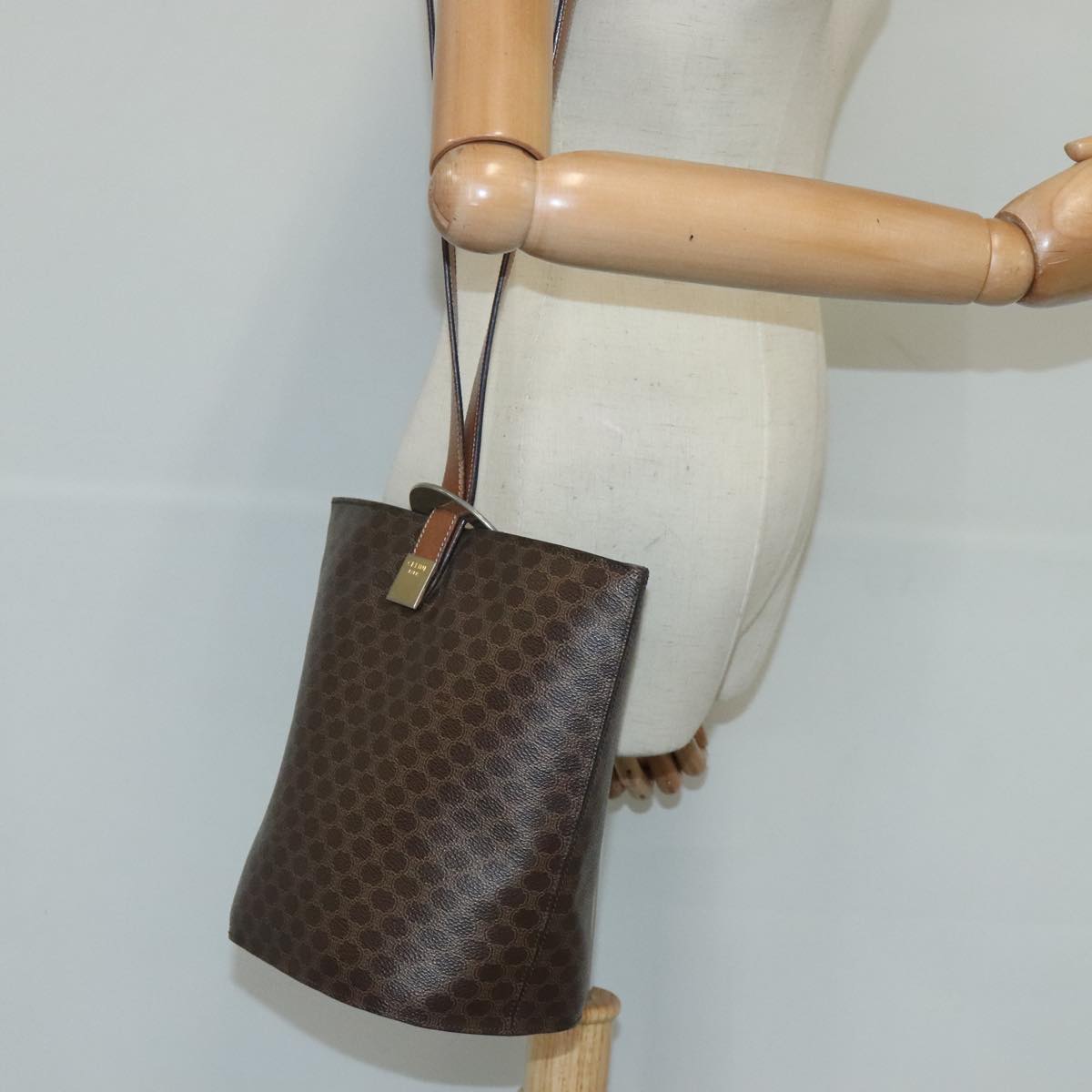 CELINE Macadam Canvas Shoulder Bag PVC Leather Brown Gold Auth 97558