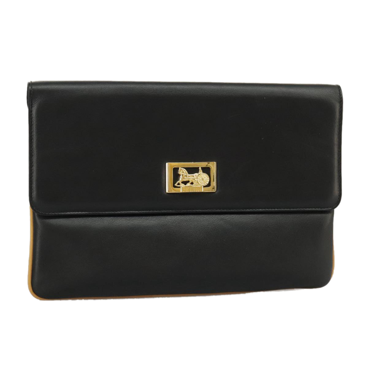 CELINE Clutch Bag Leather Black Gold Auth 97572