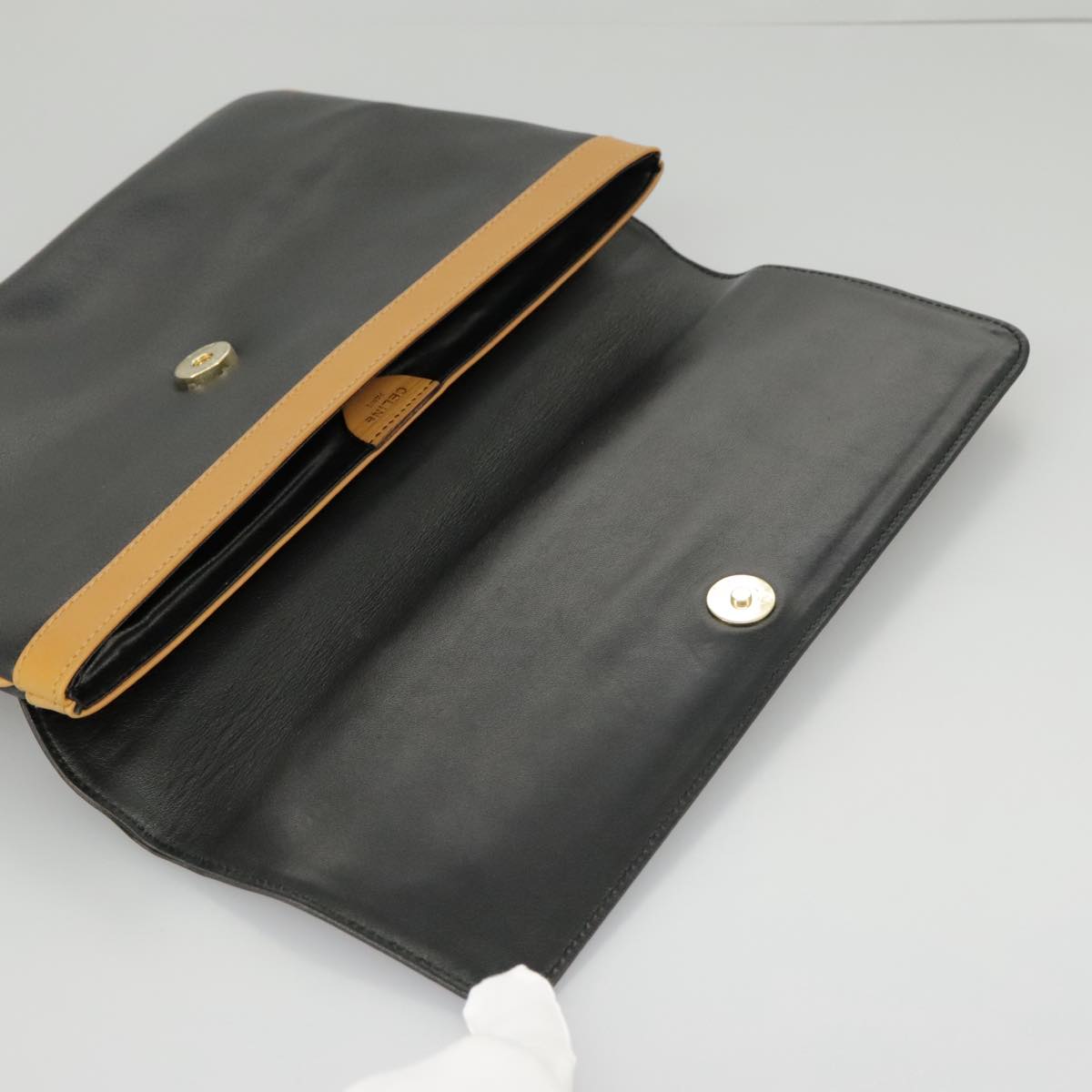 CELINE Clutch Bag Leather Black Gold Auth 97572