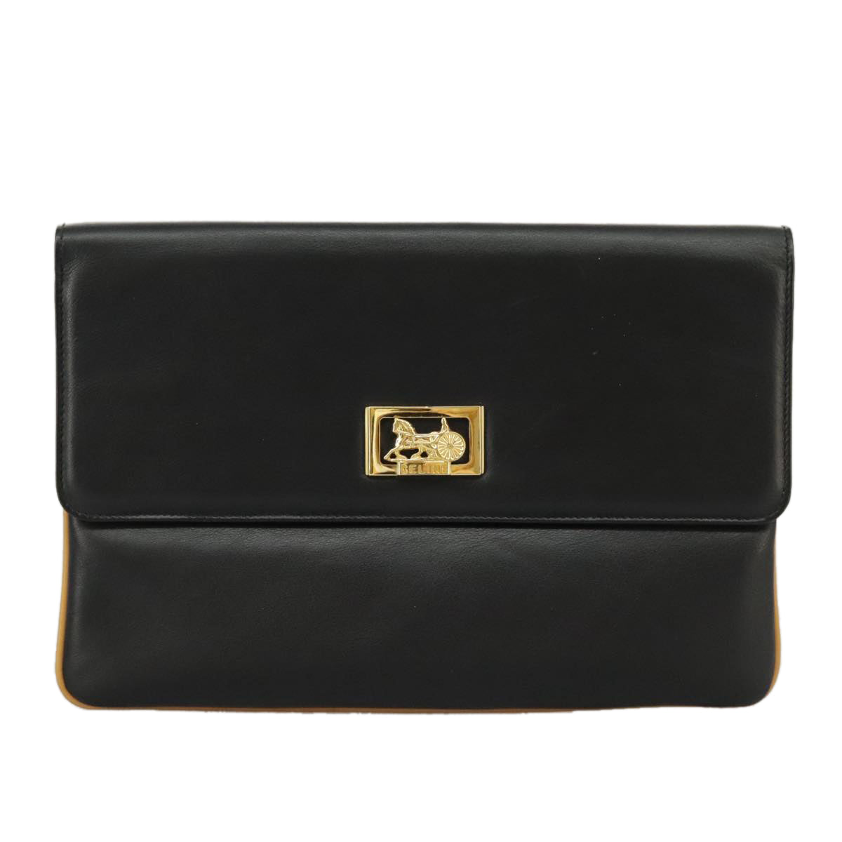 CELINE Clutch Bag Leather Black Gold Auth 97572