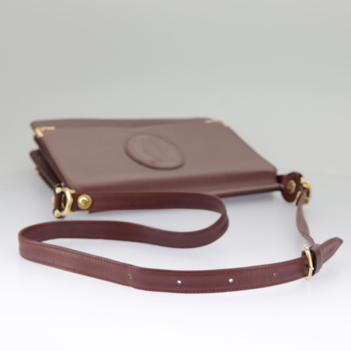 CARTIER Shoulder Bag Leather Bordeaux Gold Auth 97575