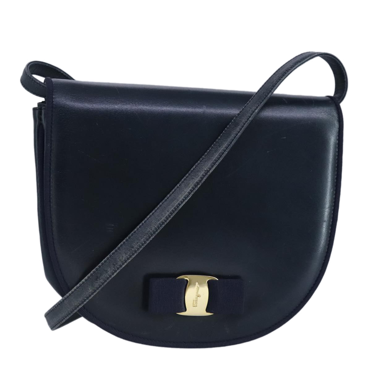 Salvatore Ferragamo Vala Shoulder Bag Leather Navy Gold Auth 97590