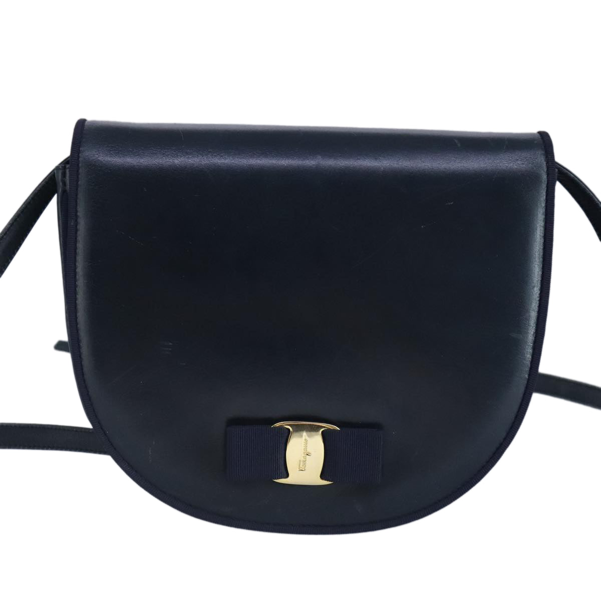 Salvatore Ferragamo Vala Shoulder Bag Leather Navy Gold Auth 97590 - 0