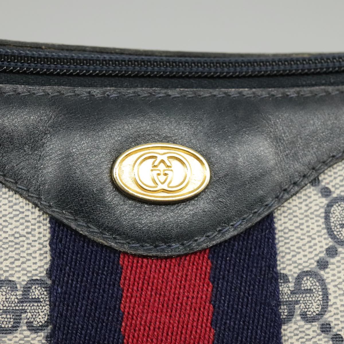 GUCCI GG Supreme Sherry Line Shoulder Bag PVC Leather Navy Gold Auth 97595