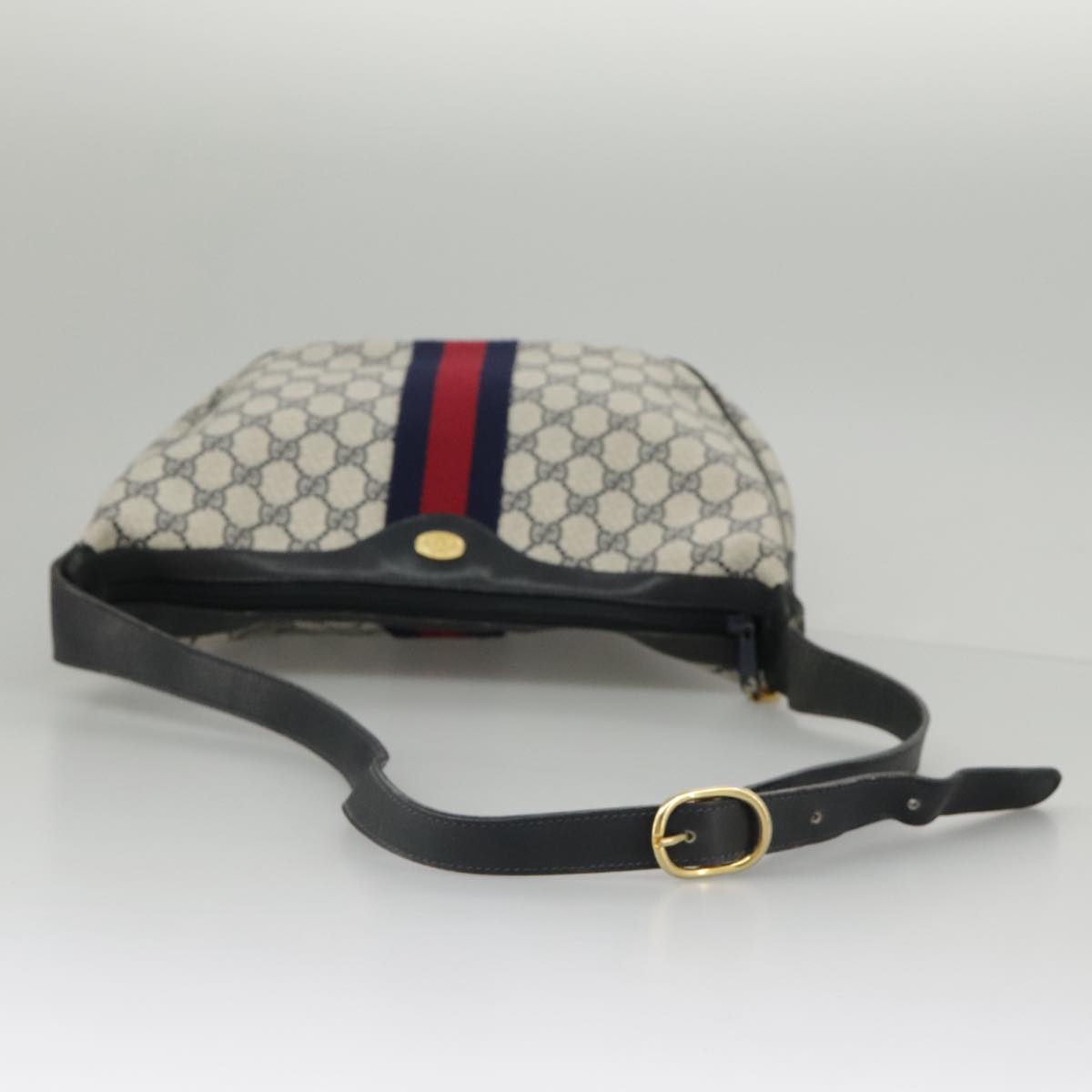 GUCCI GG Supreme Sherry Line Shoulder Bag PVC Leather Navy Gold Auth 97595