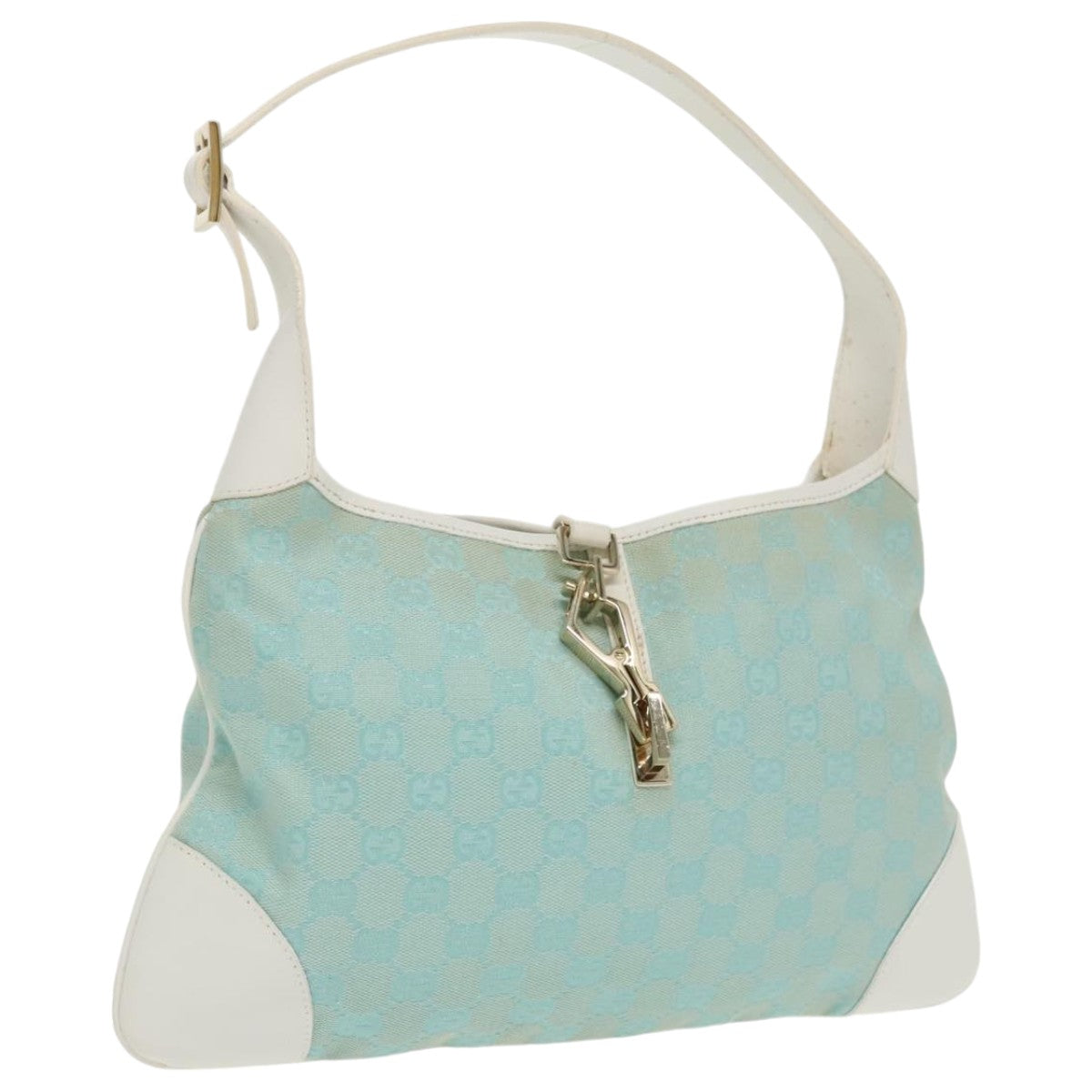 GUCCI Jackie GG Canvas Shoulder Bag Light Blue Gold 001 4057 Auth 97615