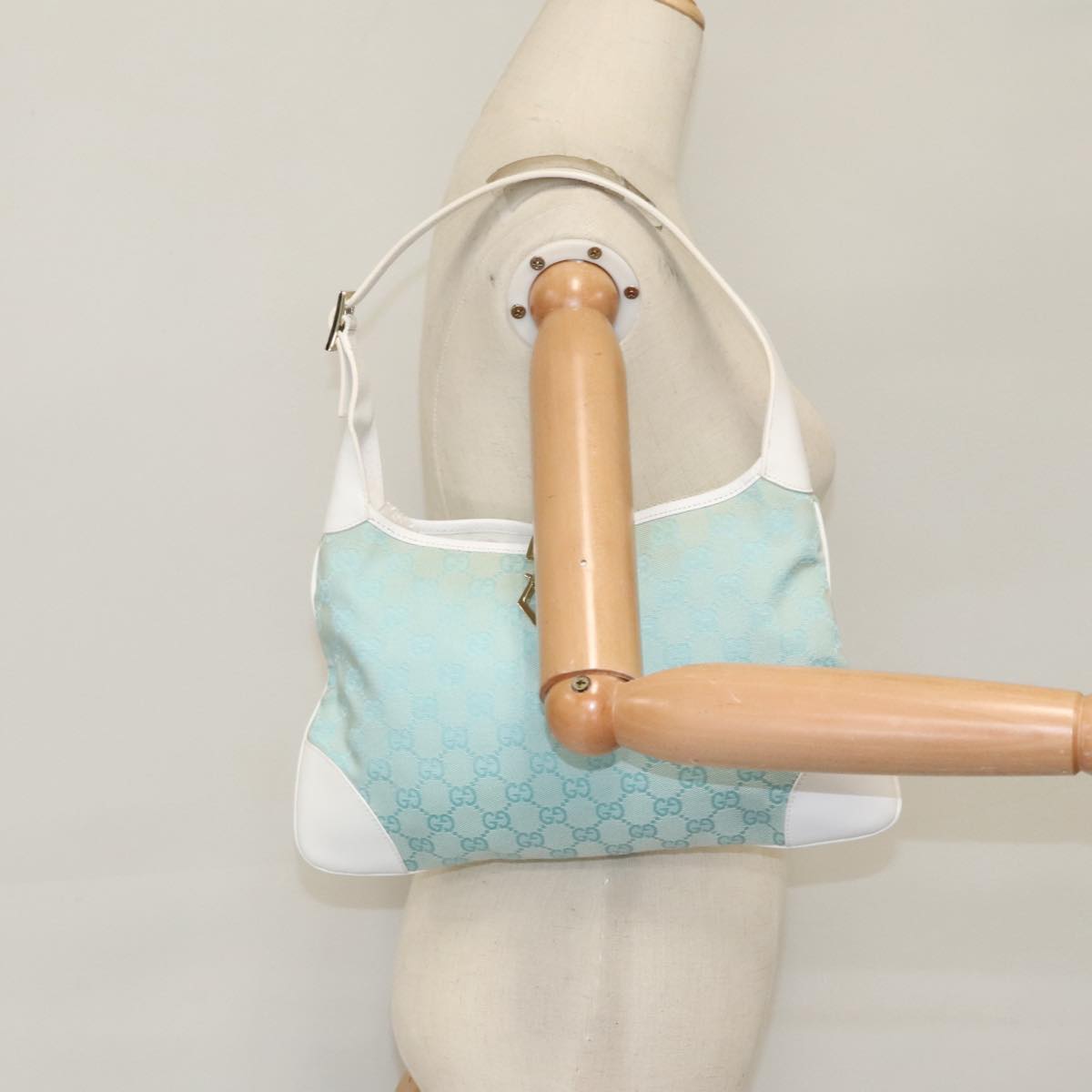 GUCCI Jackie GG Canvas Shoulder Bag Light Blue Gold 001 4057 Auth 97615