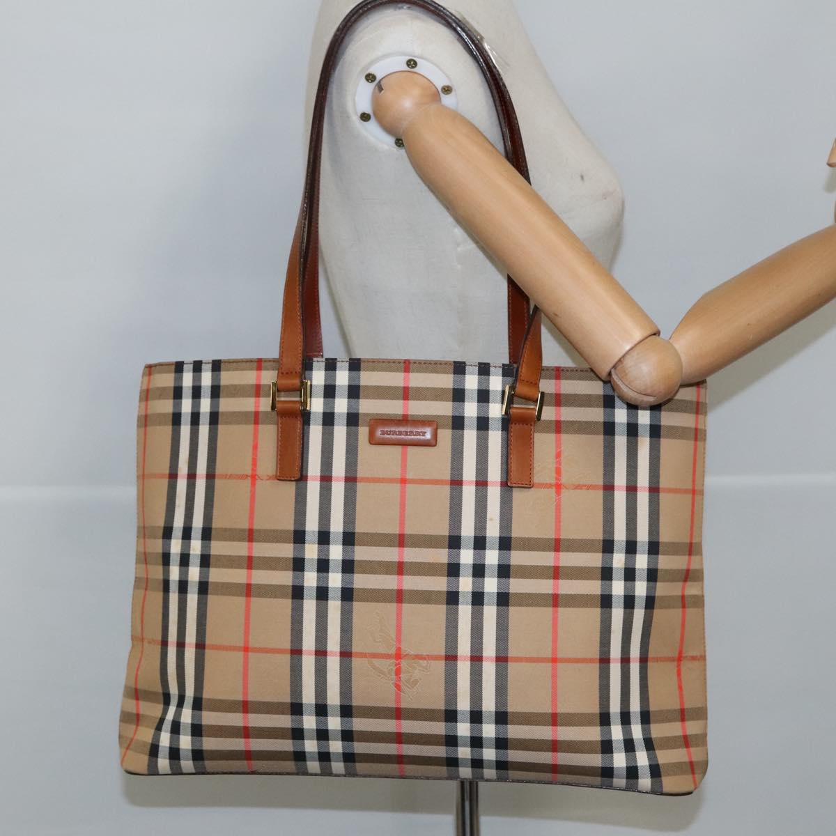 BURBERRY Nova Check Tote Bag Canvas Beige Gold Auth 97618