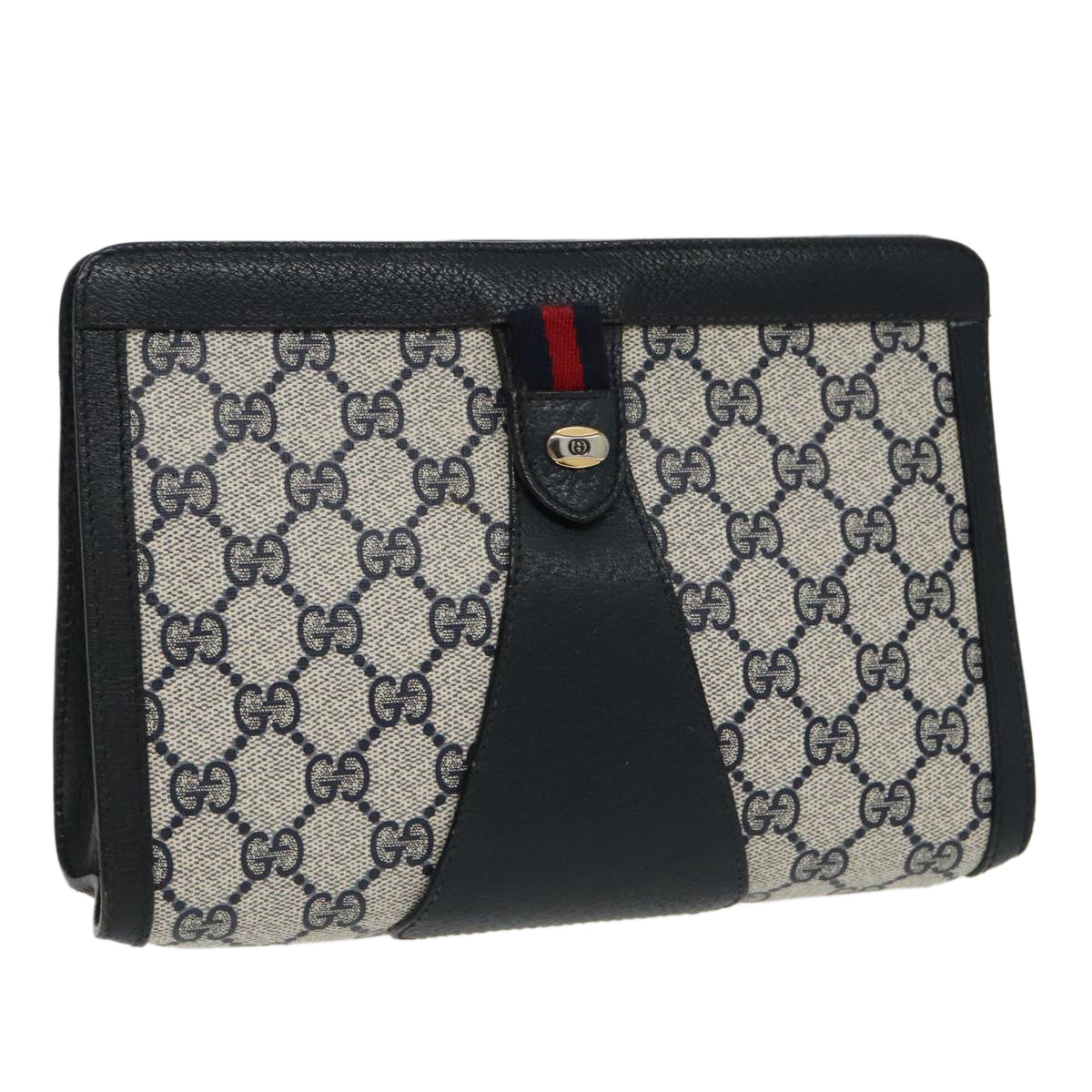 GUCCI GG Supreme Sherry Line Clutch Bag PVC Navy Red 89 01 032 Auth 97630