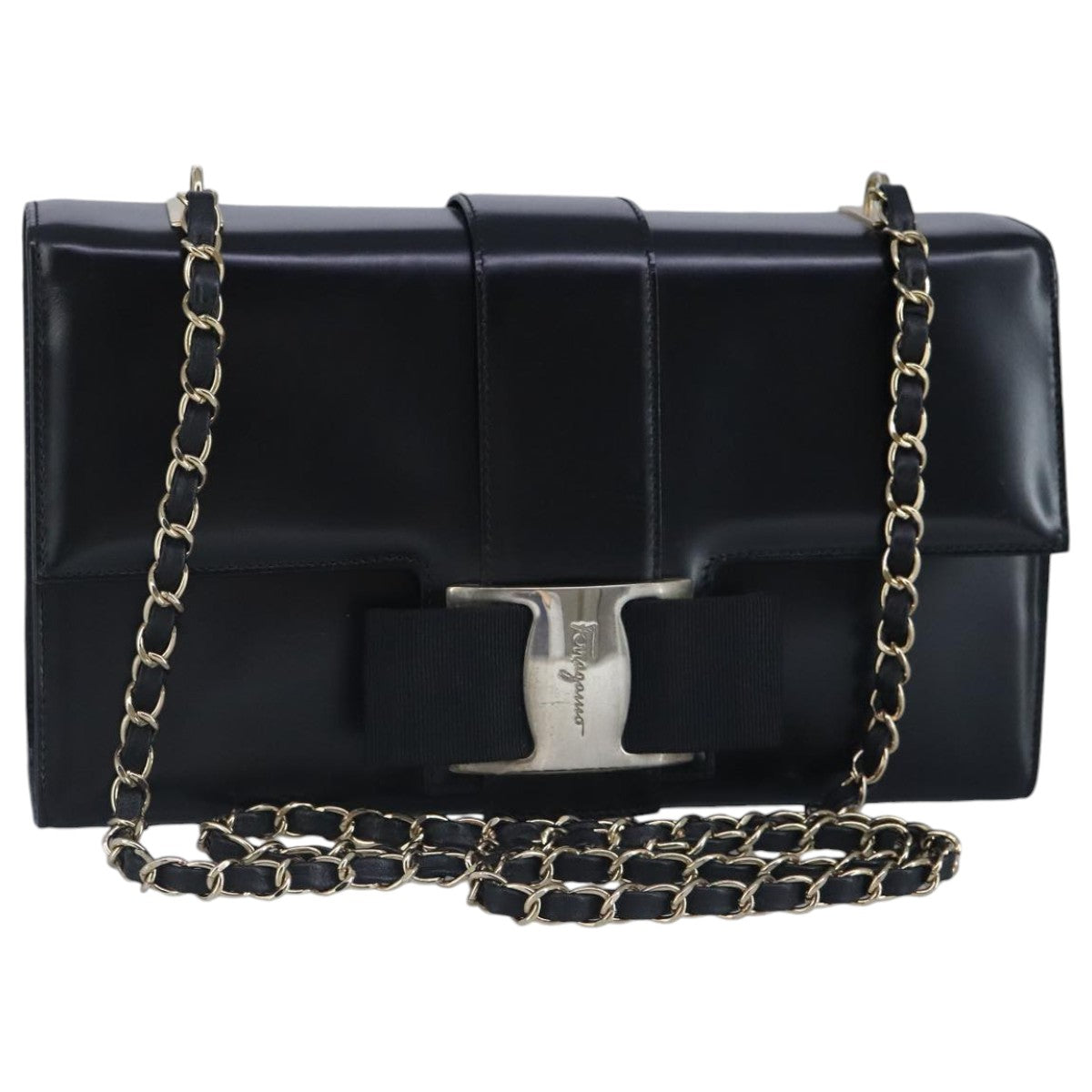 Salvatore Ferragamo Vala Chain Shoulder Bag Leather Black Gold Auth 97636