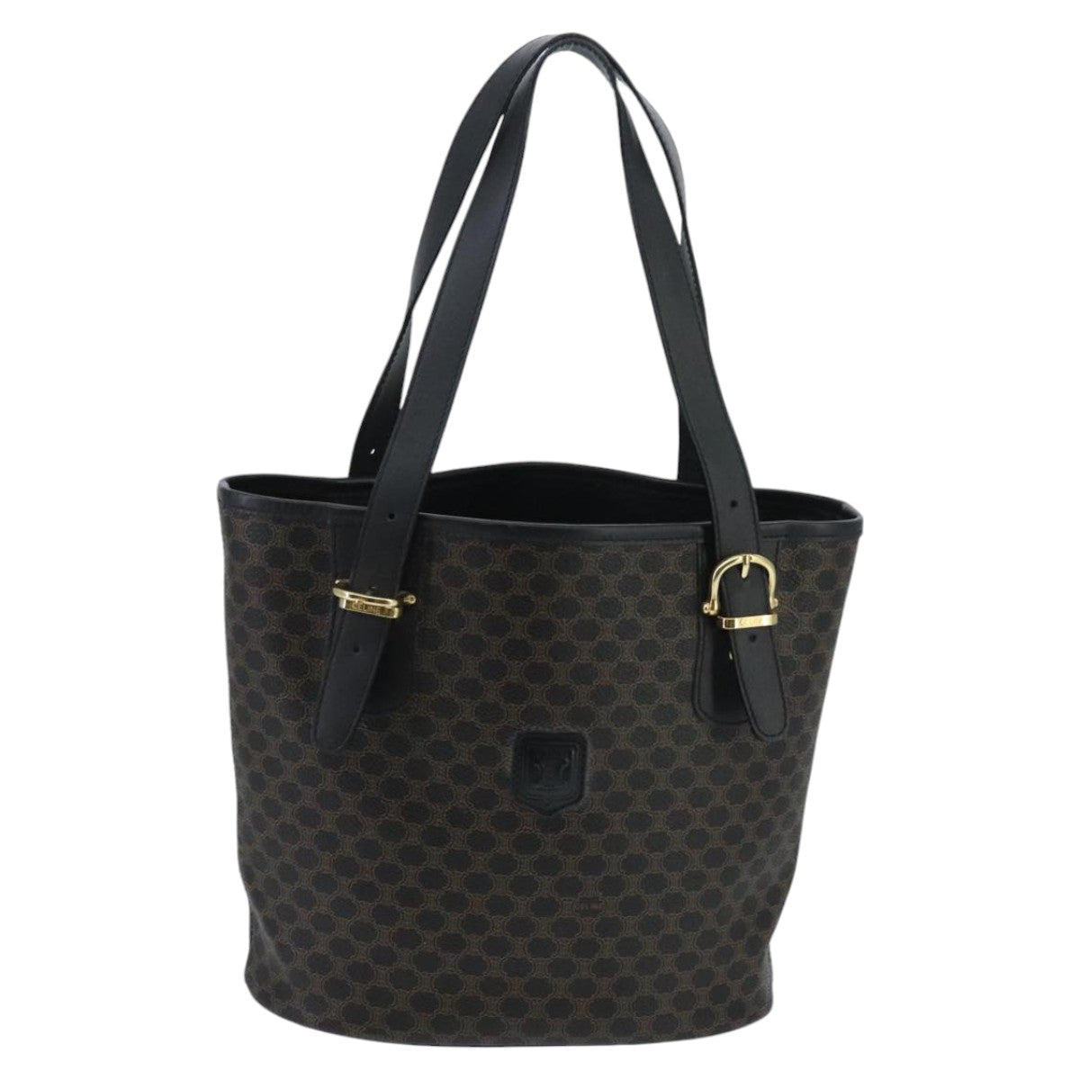 CELINE Macadam Canvas Hand Bag PVC Leather Black Gold Auth 97659 - 0