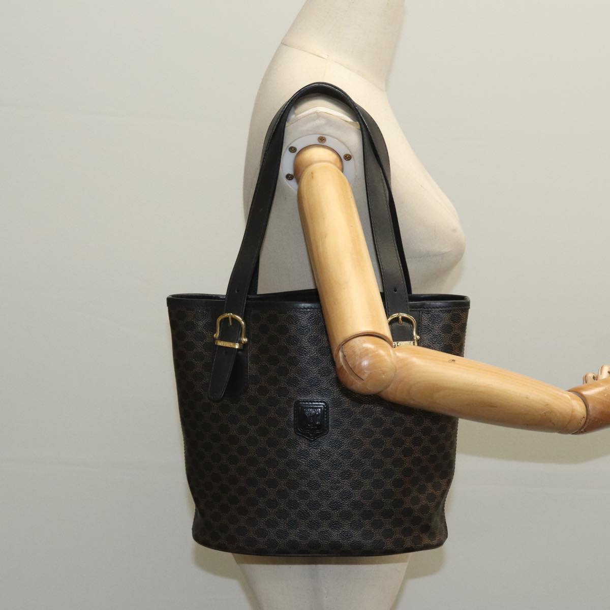 CELINE Macadam Canvas Hand Bag PVC Leather Black Gold Auth 97659