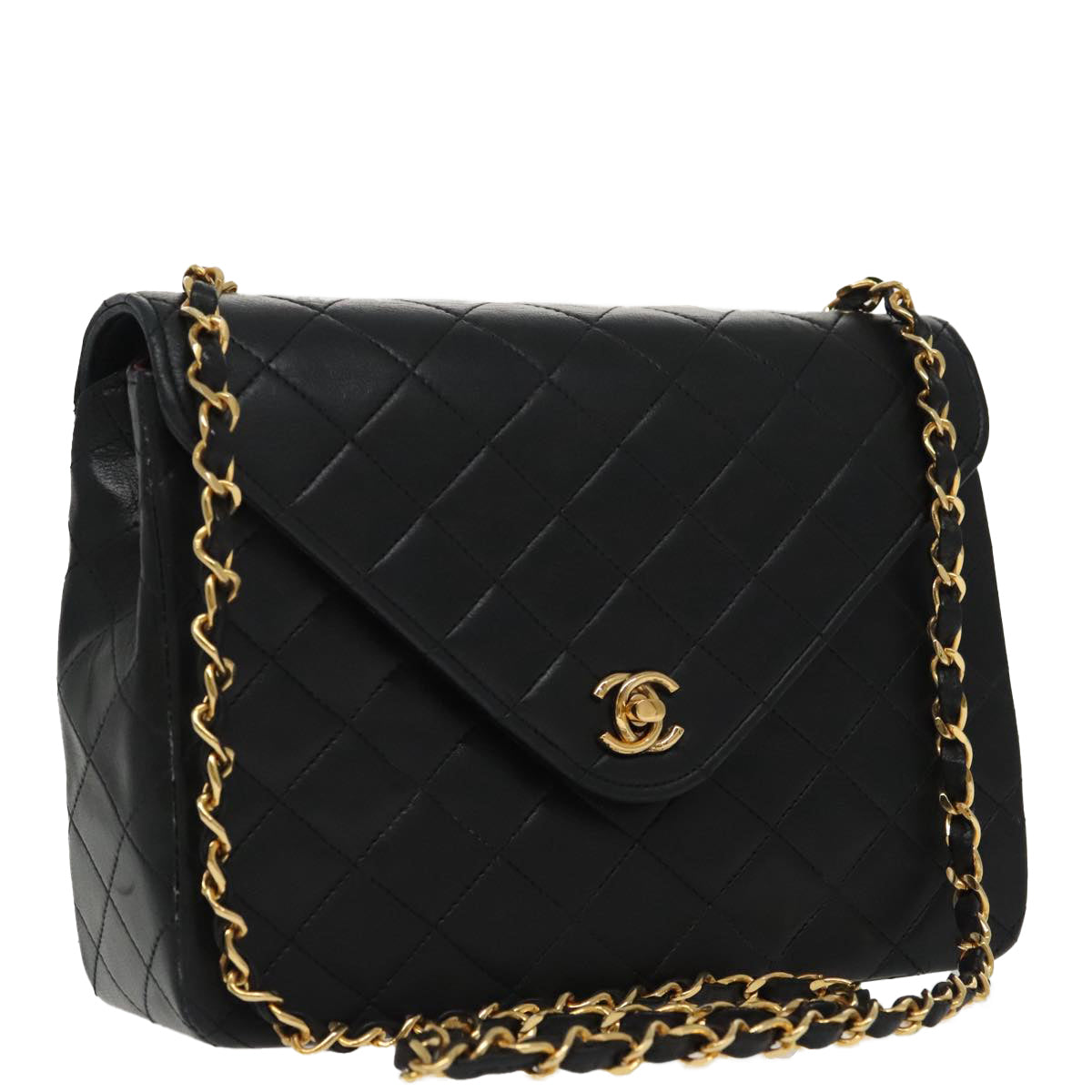 CHANEL Matelasse Chain Shoulder Bag Lamb Skin Black Gold CC Auth 97677A