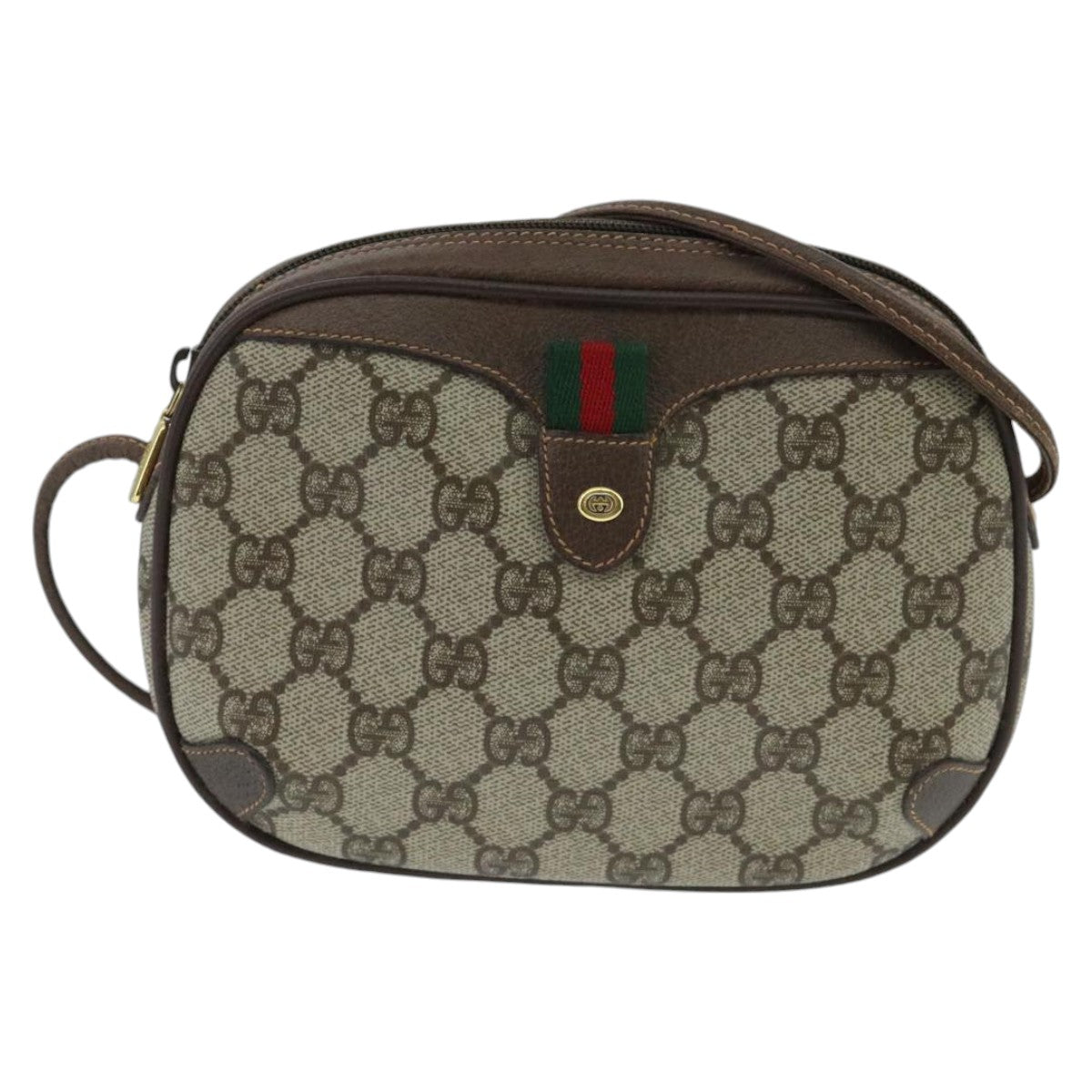 GUCCI GG Supreme Web Sherry Line Shoulder Bag PVC Beige Gold Auth 97682