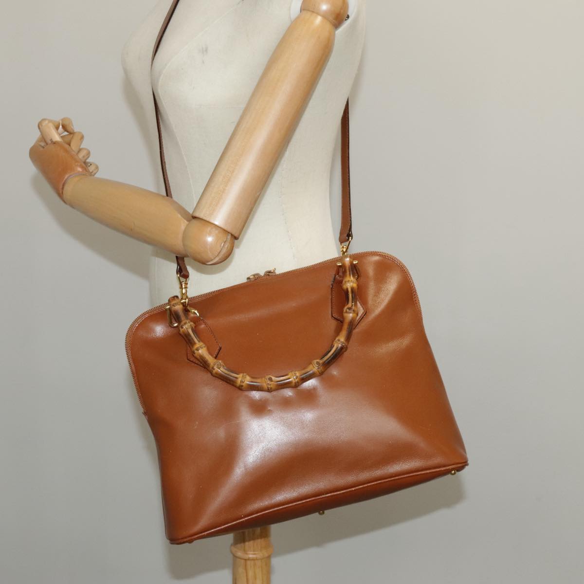 GUCCI Bamboo Hand Bag Leather 2way Brown Gold Auth 97683