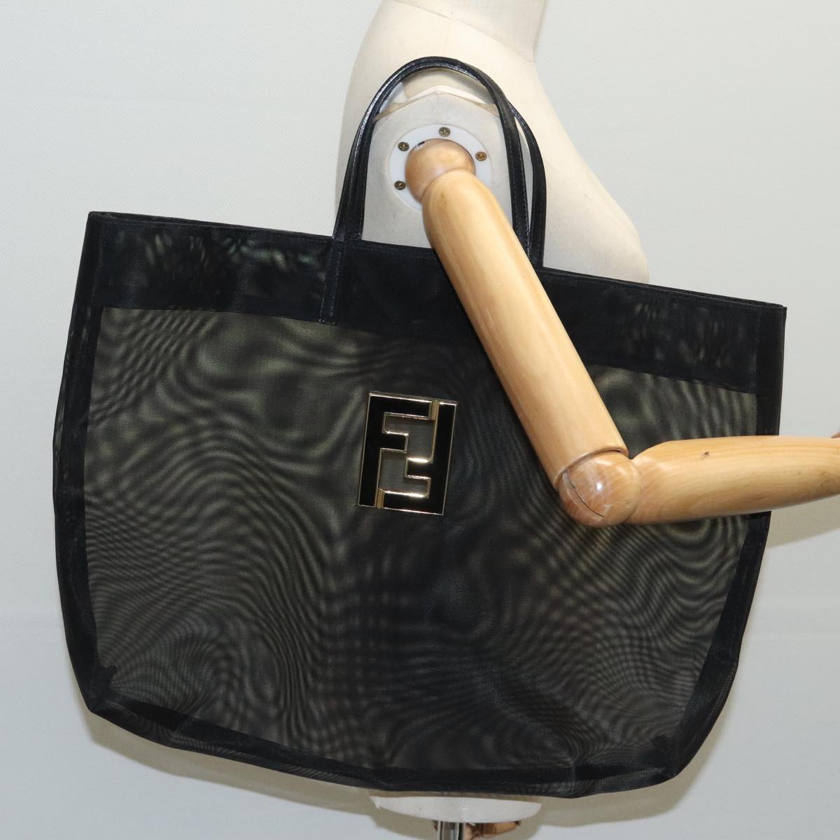 FENDI Mesh Tote Bag Nylon Black Gold Auth 97689