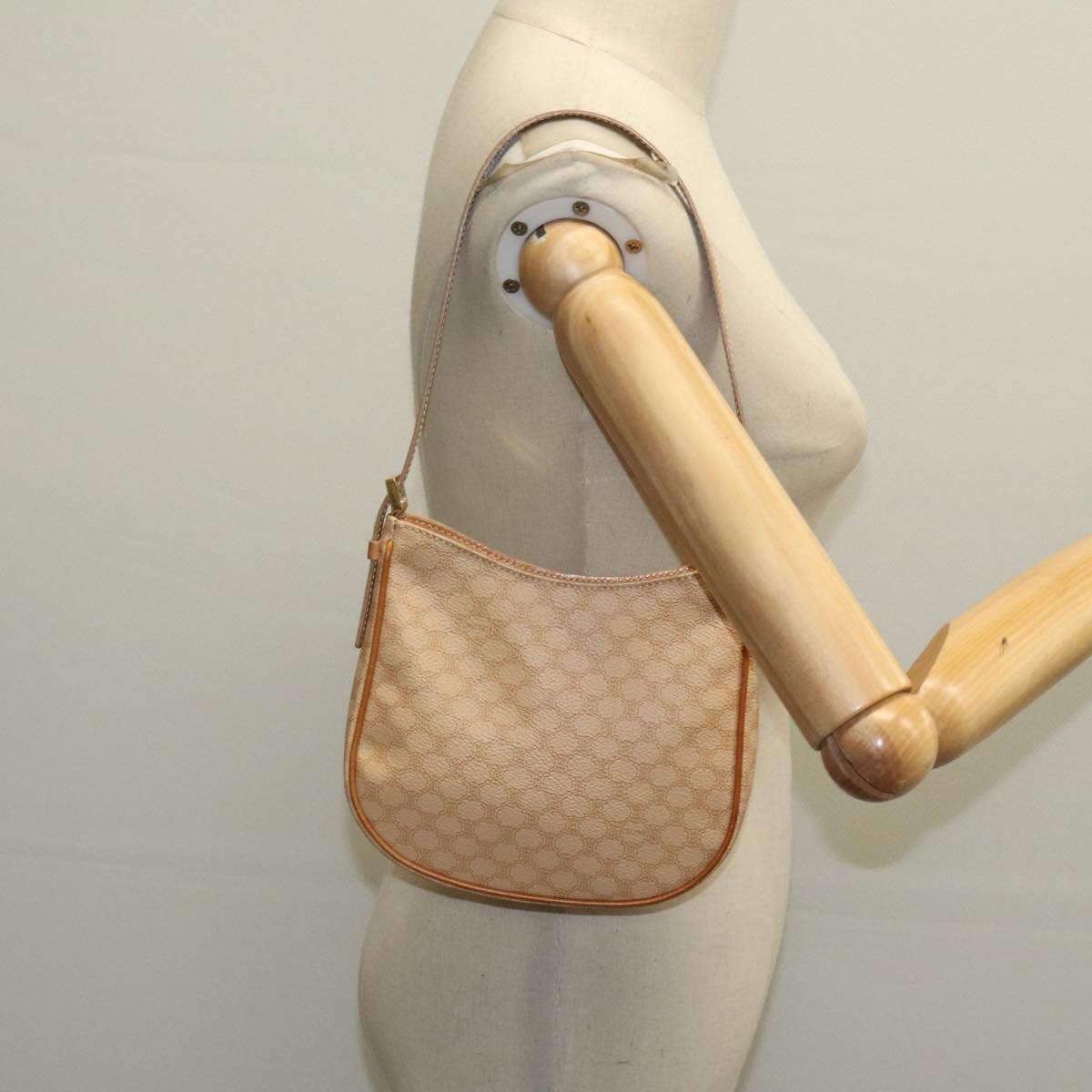 CELINE Macadam Canvas Shoulder Bag PVC Leather Beige Gold Auth 97692A