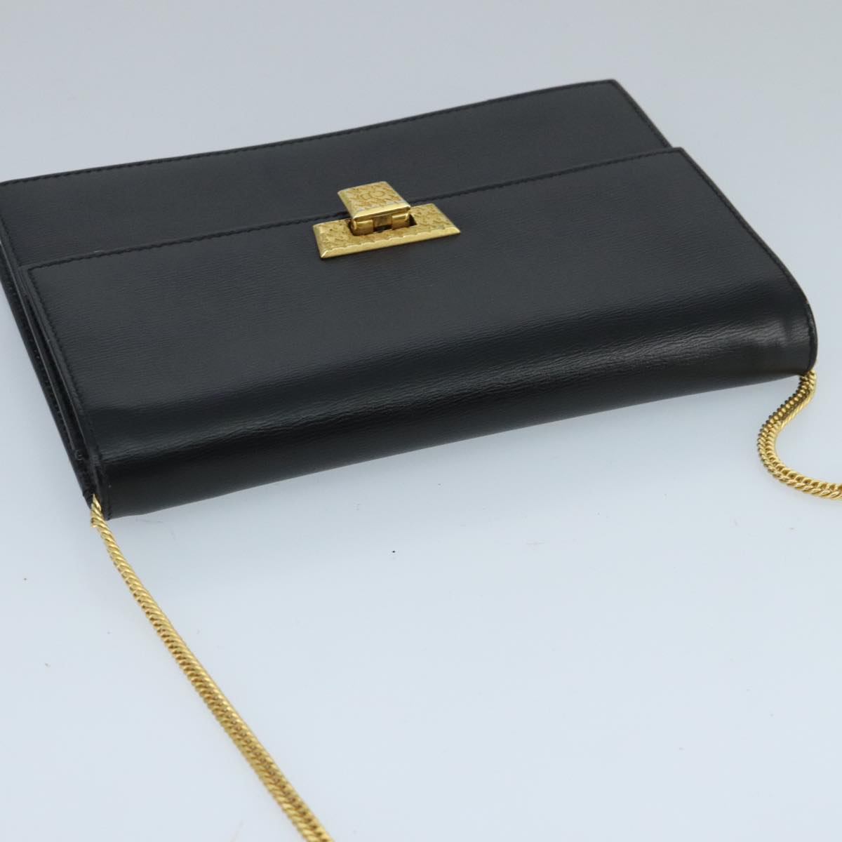 Christian Dior Chain Shoulder Bag Leather Black Gold Auth 97694