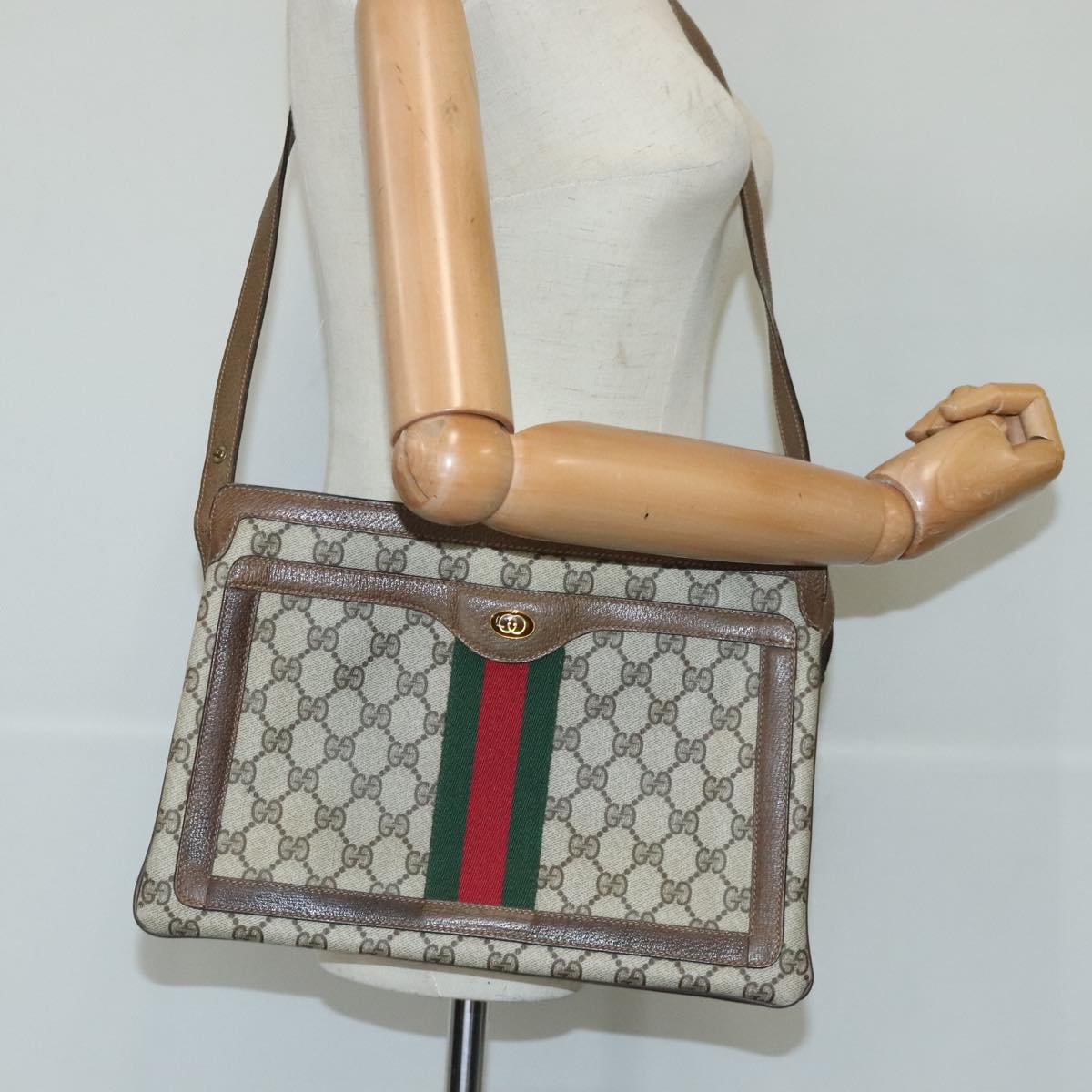 GUCCI GG Supreme Web Sherry Line Shoulder Bag PVC Beige 14 01 4085 Auth 97697