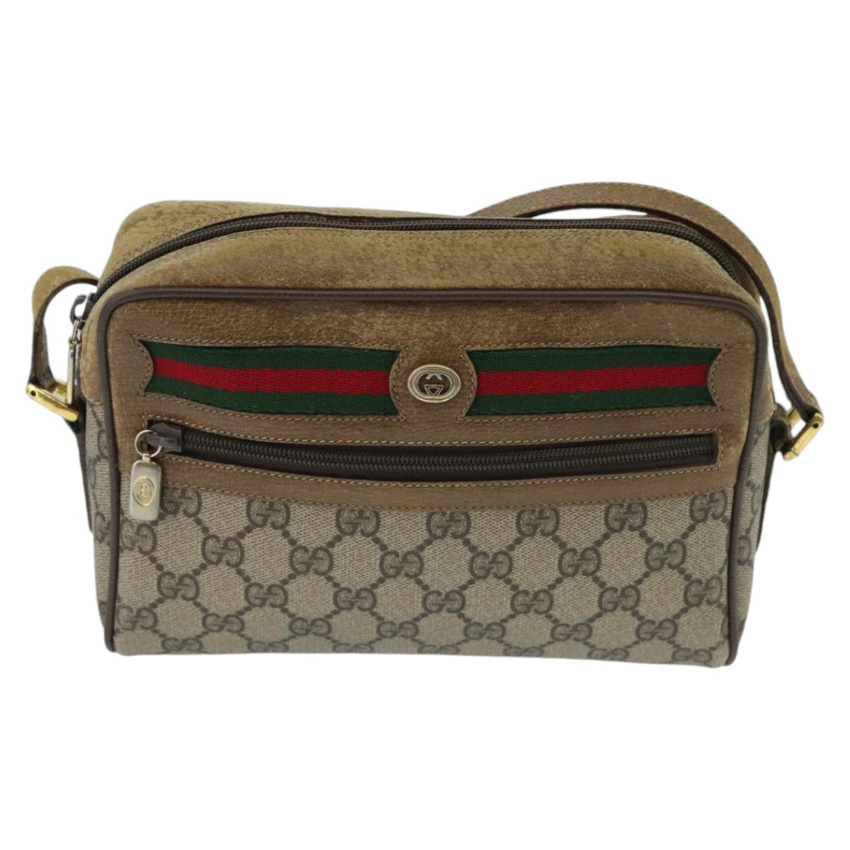 GUCCI GG Supreme Web Sherry Line Shoulder Bag PVC Beige Gold Auth 97699 - 0