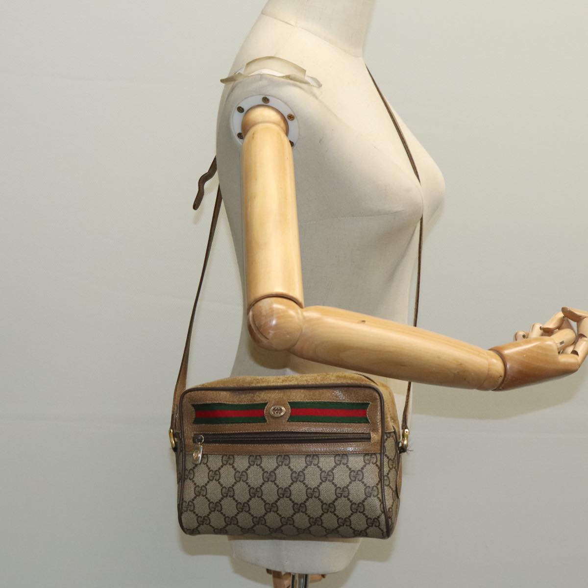 GUCCI GG Supreme Web Sherry Line Shoulder Bag PVC Beige Gold Auth 97699