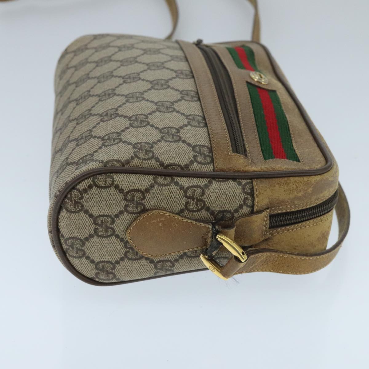 GUCCI GG Supreme Web Sherry Line Shoulder Bag PVC Beige Gold Auth 97699