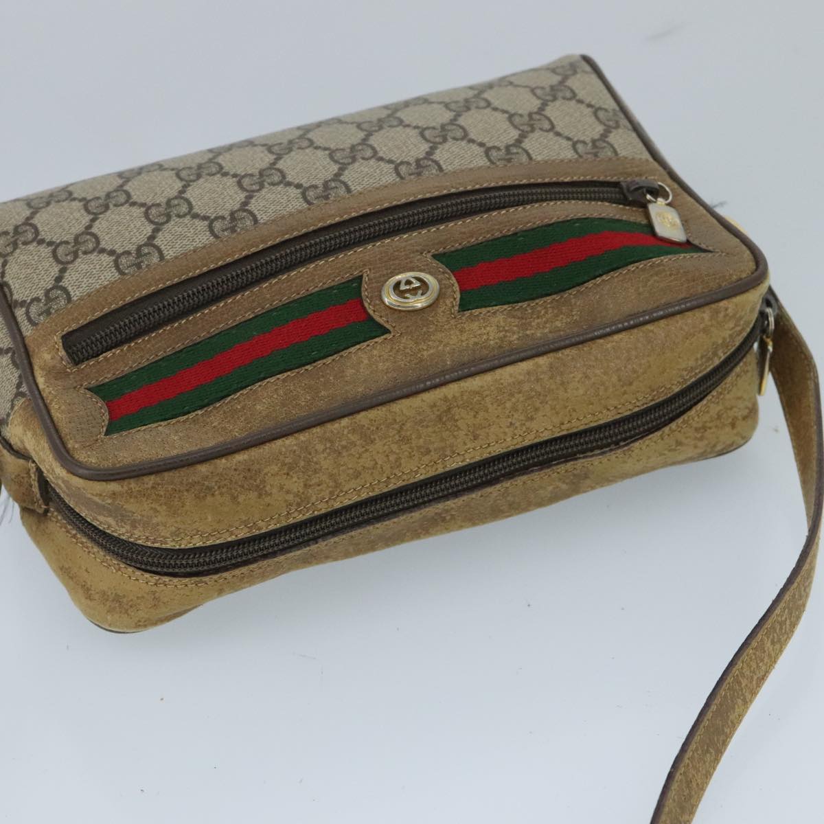 GUCCI GG Supreme Web Sherry Line Shoulder Bag PVC Beige Gold Auth 97699