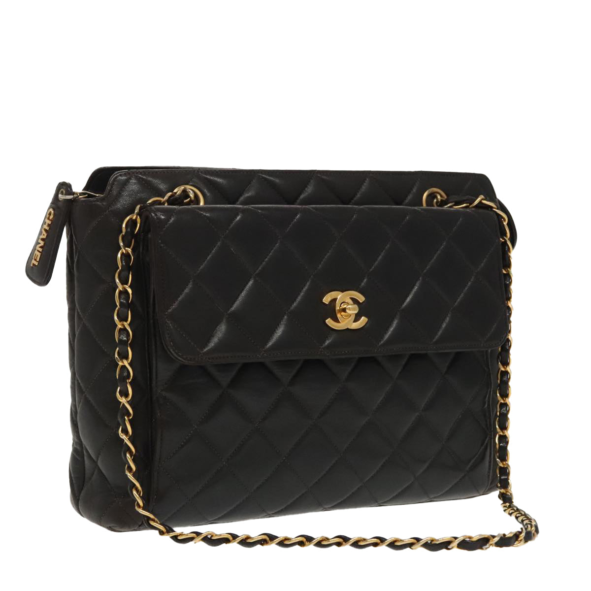 CHANEL Matelasse Chain Shoulder Bag Lamb Skin Black Gold CC Auth 97712