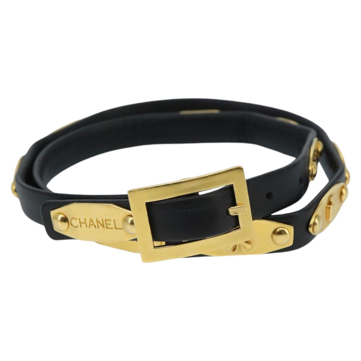 CHANEL COCO Mark Belt Leather 32.3"" Black Gold CC Auth 97714