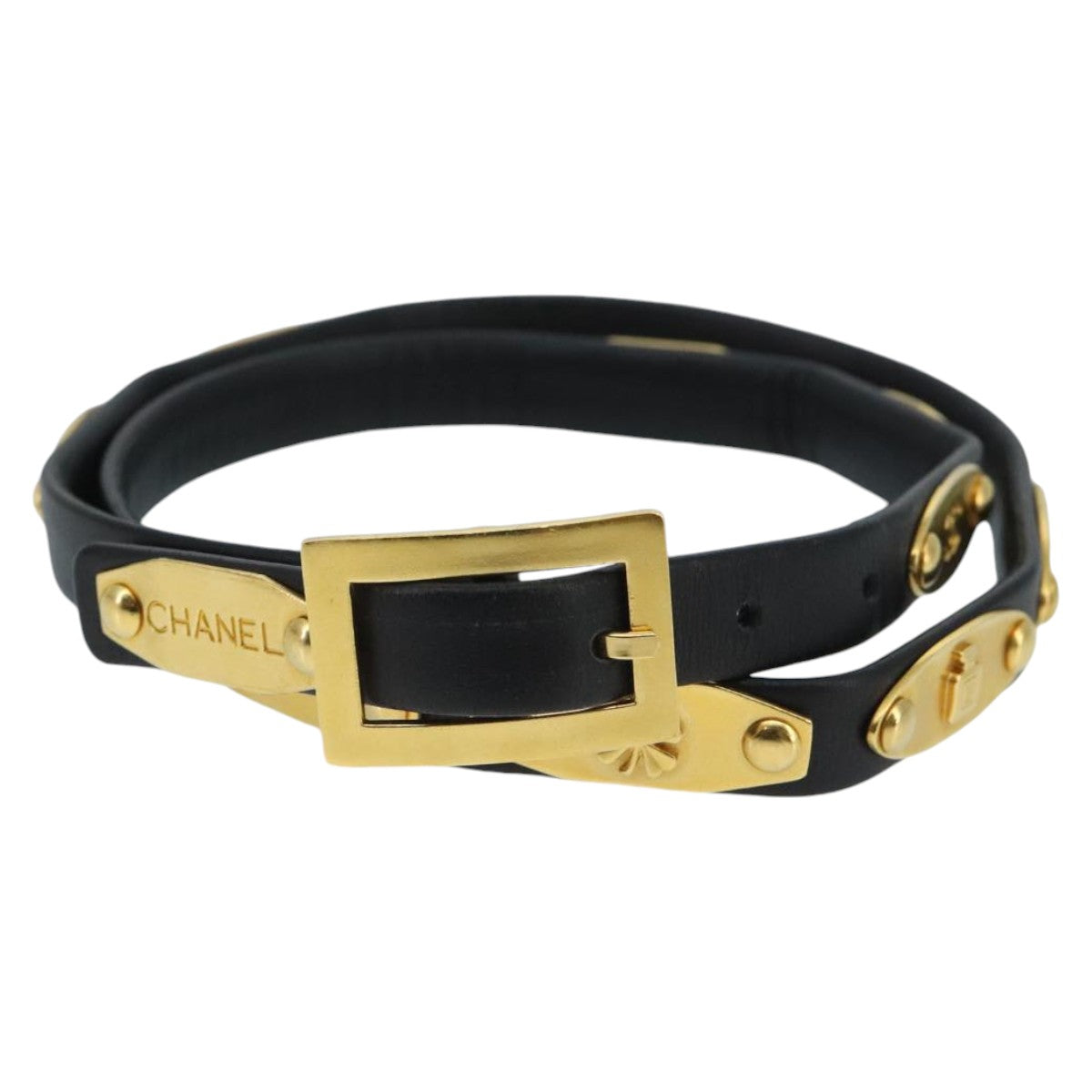 CHANEL COCO Mark Belt Leather 32.3"" Black Gold CC Auth 97714