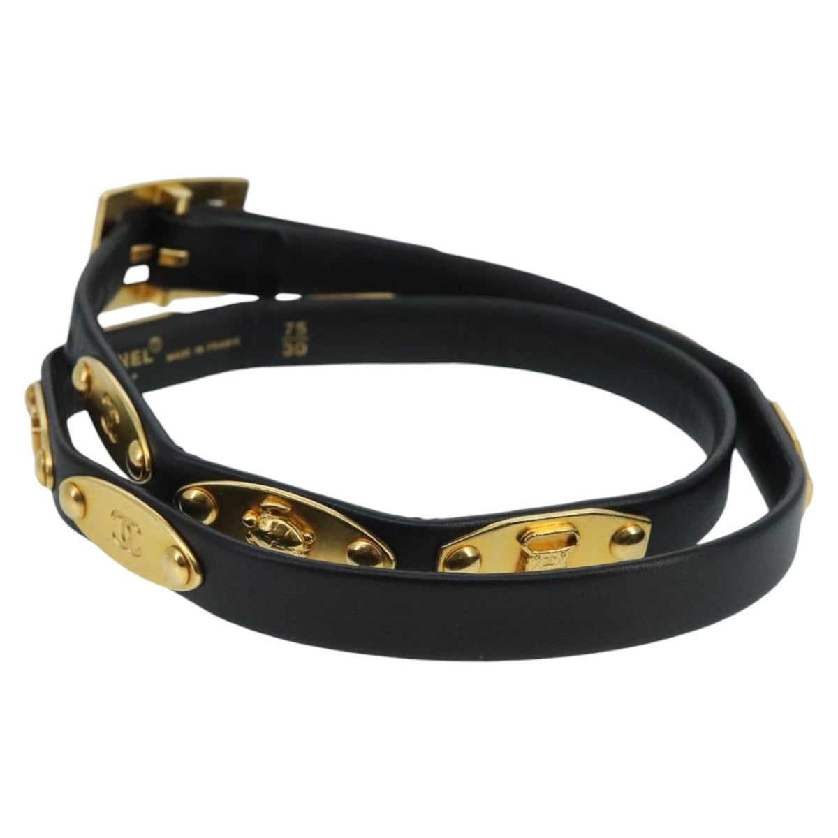 CHANEL COCO Mark Belt Leather 32.3"" Black Gold CC Auth 97714