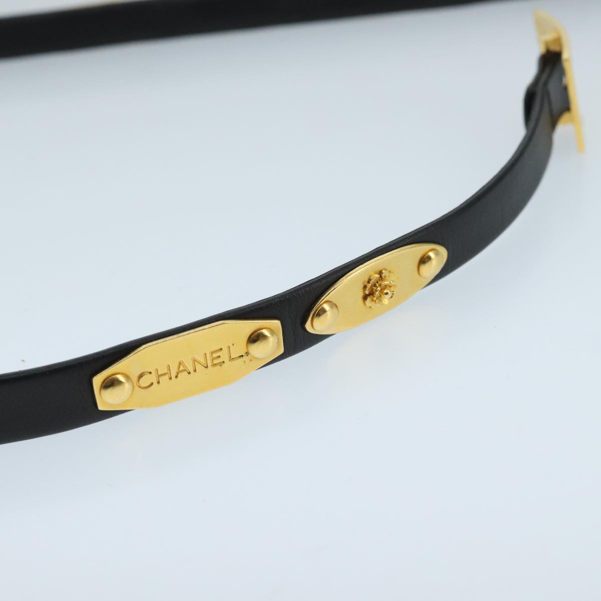 CHANEL COCO Mark Belt Leather 32.3"" Black Gold CC Auth 97714