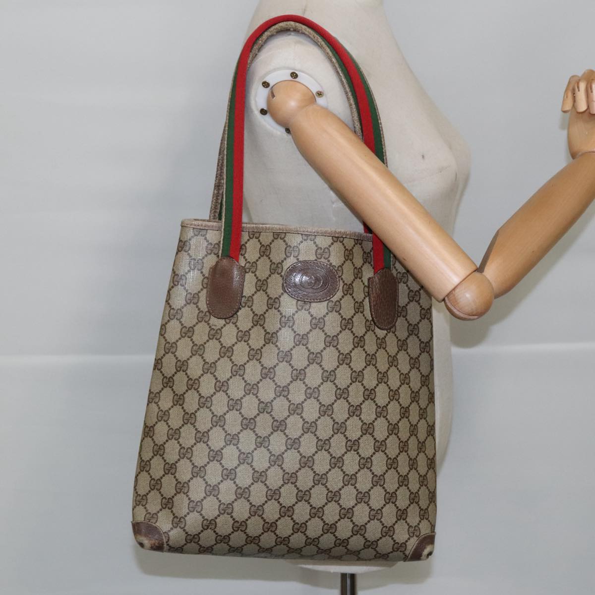 GUCCI GG Supreme Web Sherry Line Tote Bag PVC Beige Red 41 004 4465 Auth 97729