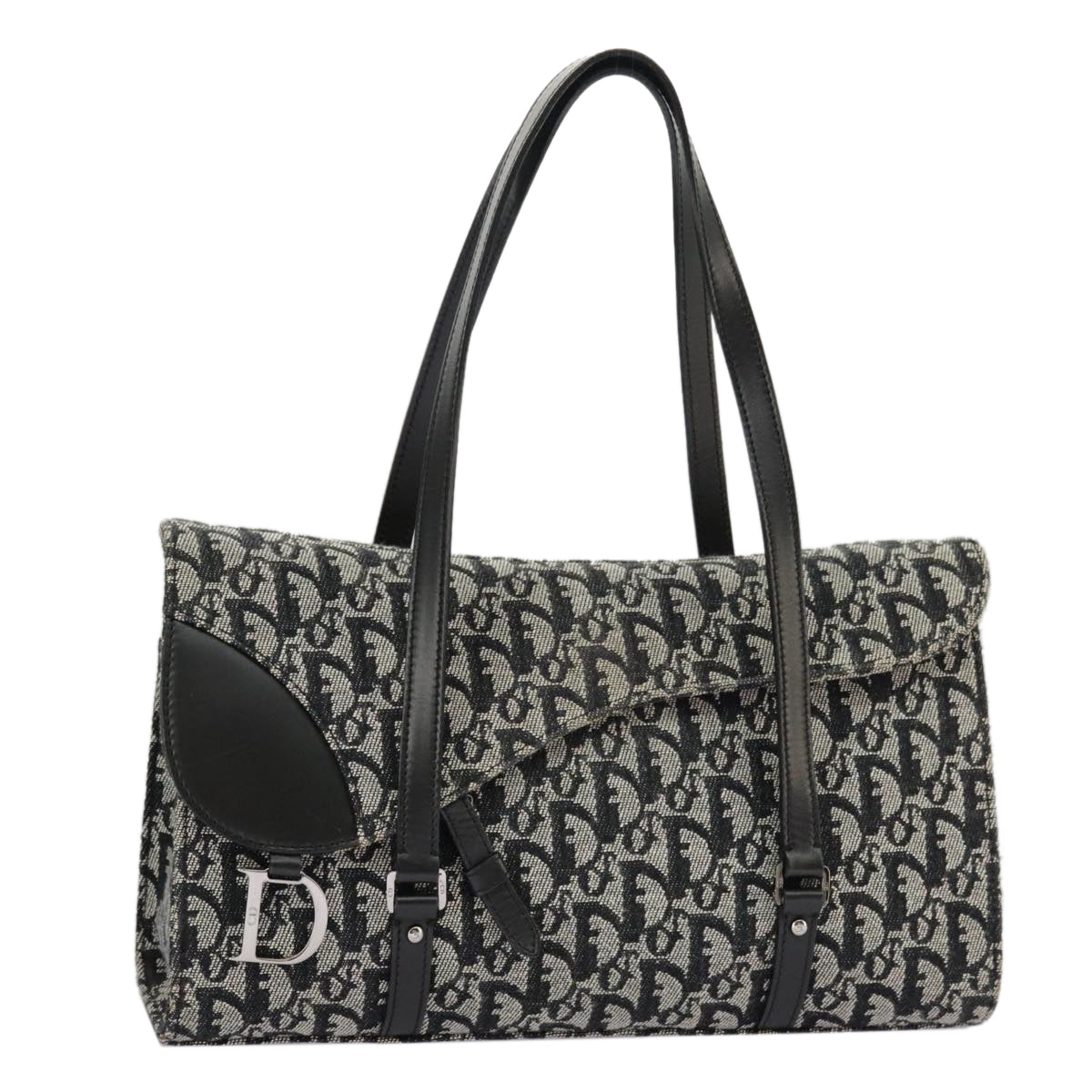 Christian Dior Trotter Canvas Hand Bag Black Silver Auth 97741A